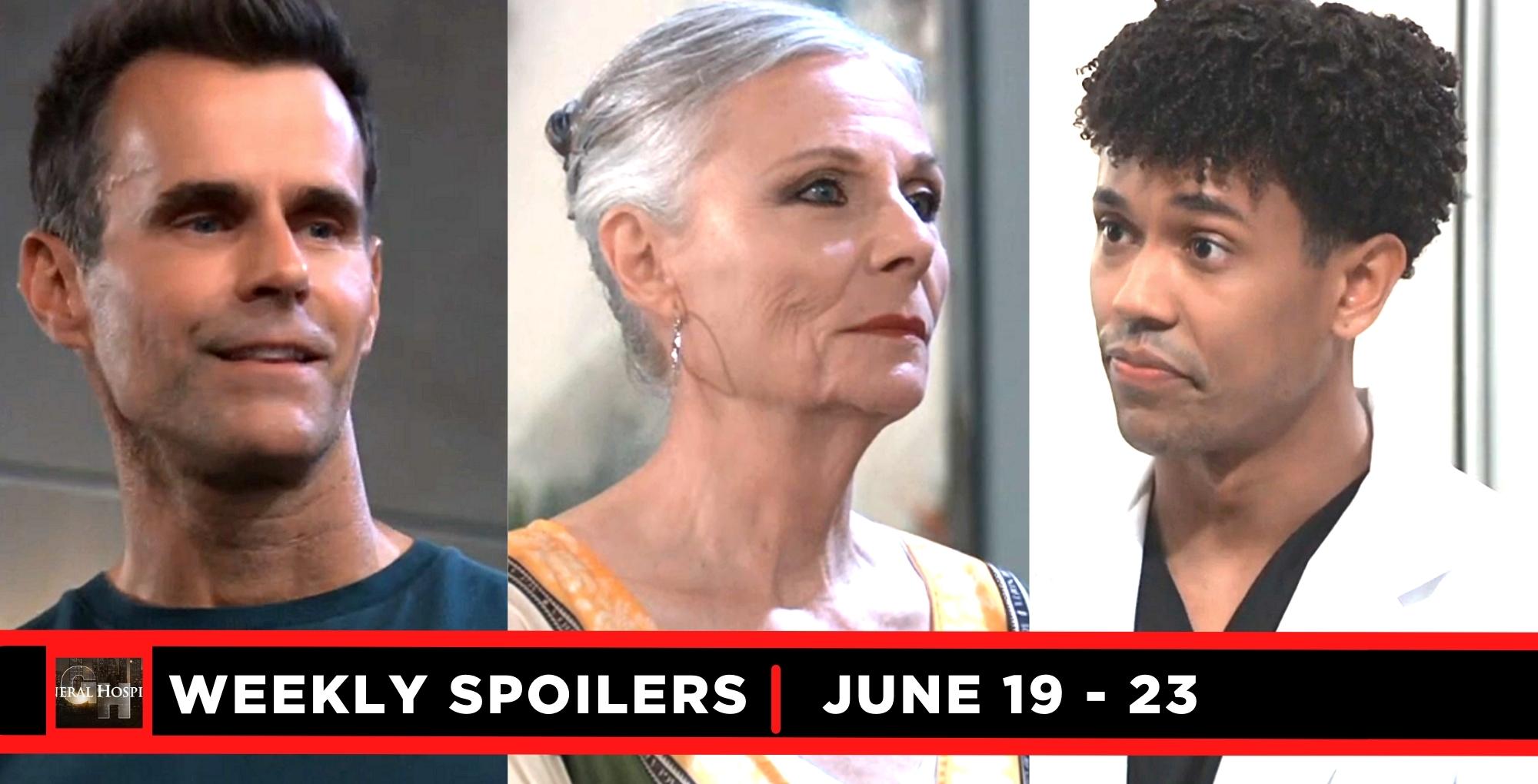 general hospital spoilers for june 19 – june 23, 2023, three images drew, tracy, and tj.