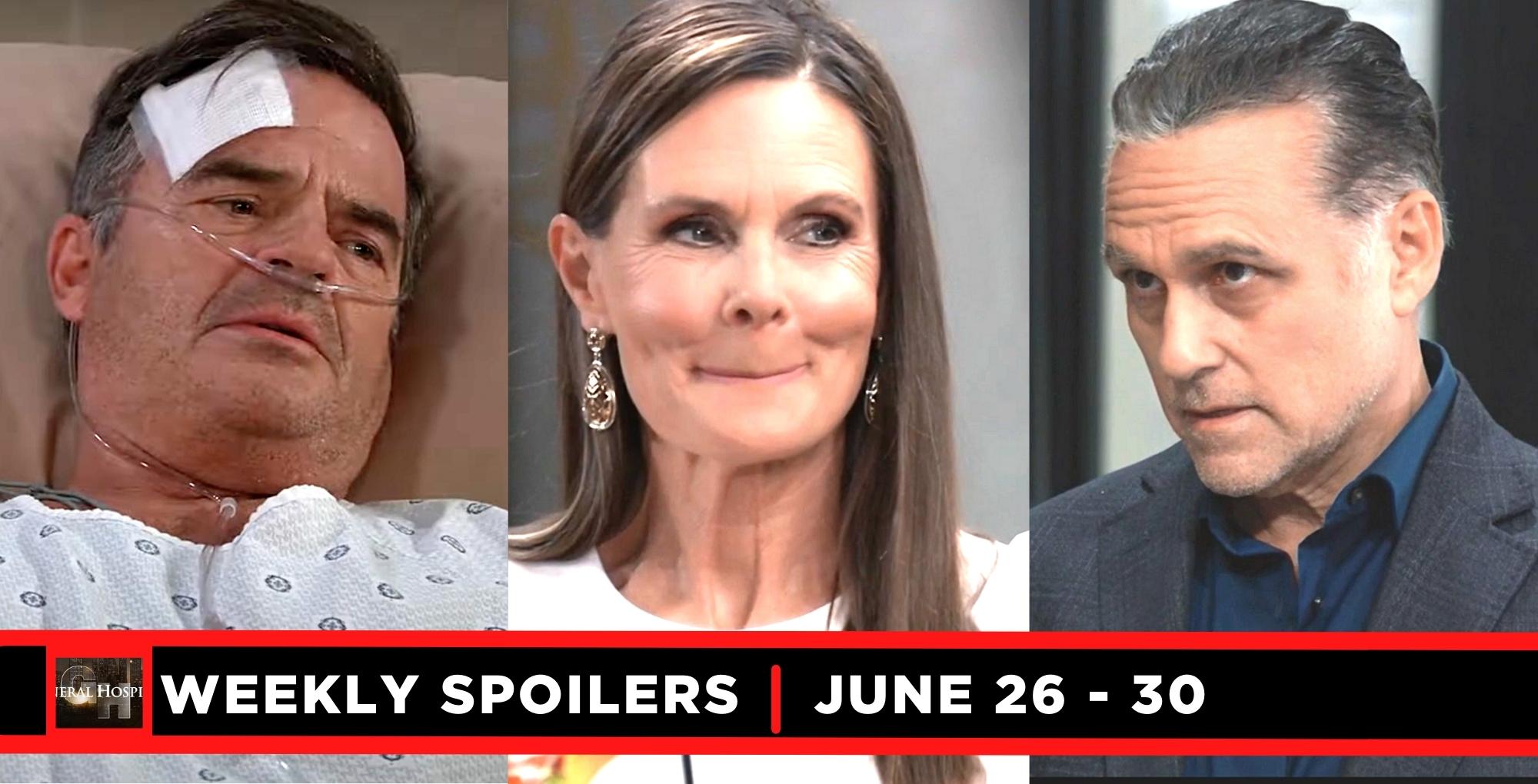 weekly the general hospital spoilers for june 26-june 30, 2023, 3 images, ned, lucy, sonny.