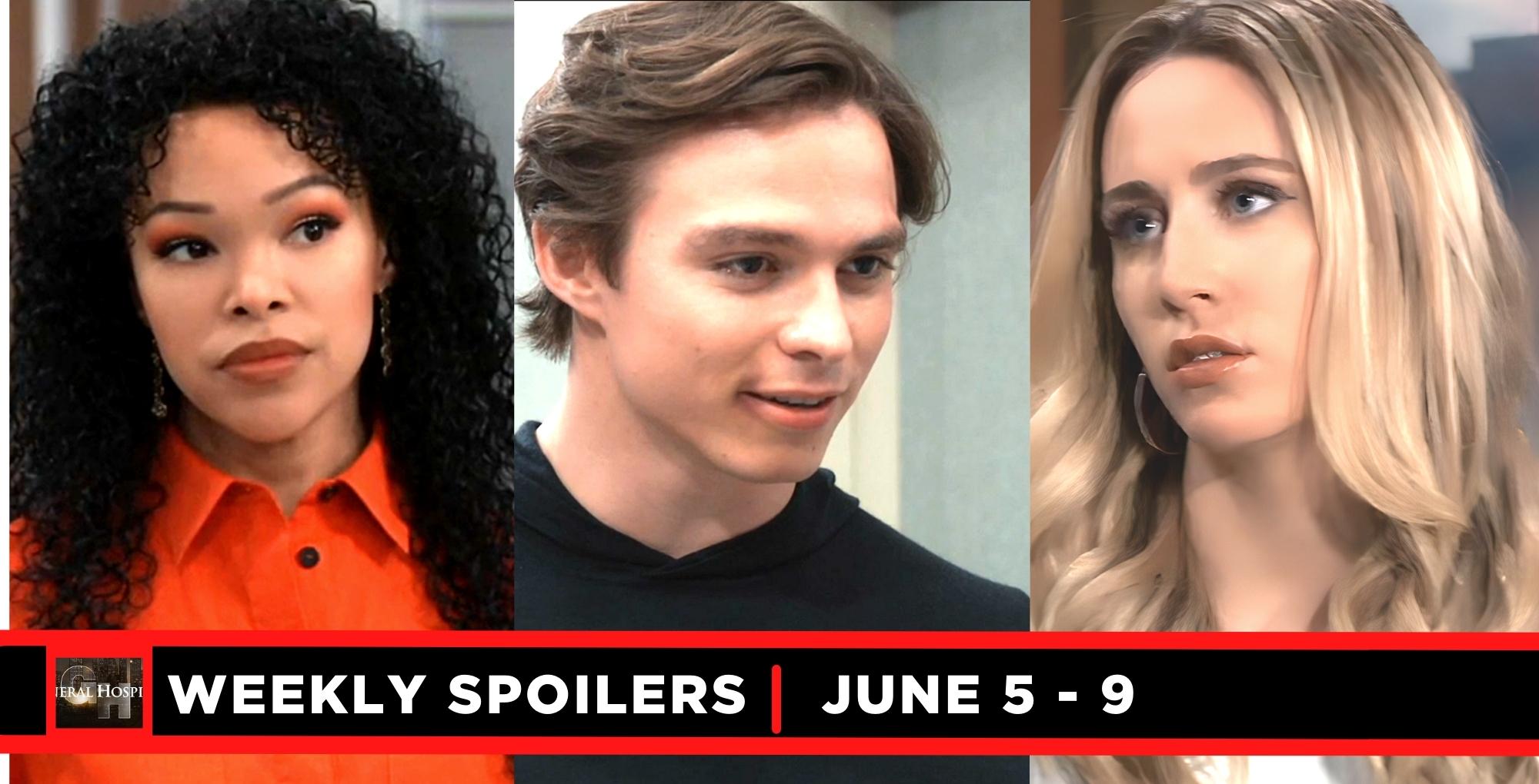 weekly general hospital spoilers for june 5-9, 2023, have three images, portia,, spencer, joss.