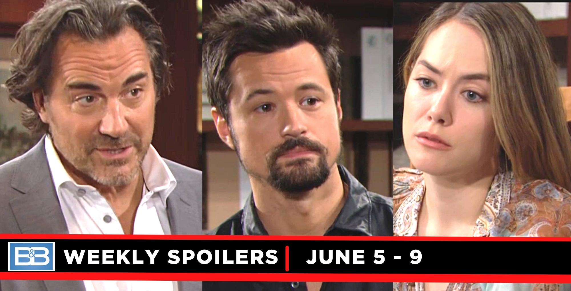 weekly bold and the beautiful spoilers for june 5-9, 2023, have three images, ridge, thomas, hope.