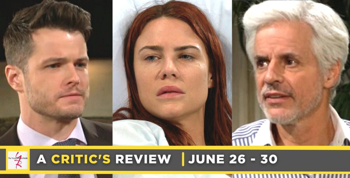 the young and the restless critic's review for june 26 – june 30, 2023, three images kyle, sally, and michael.