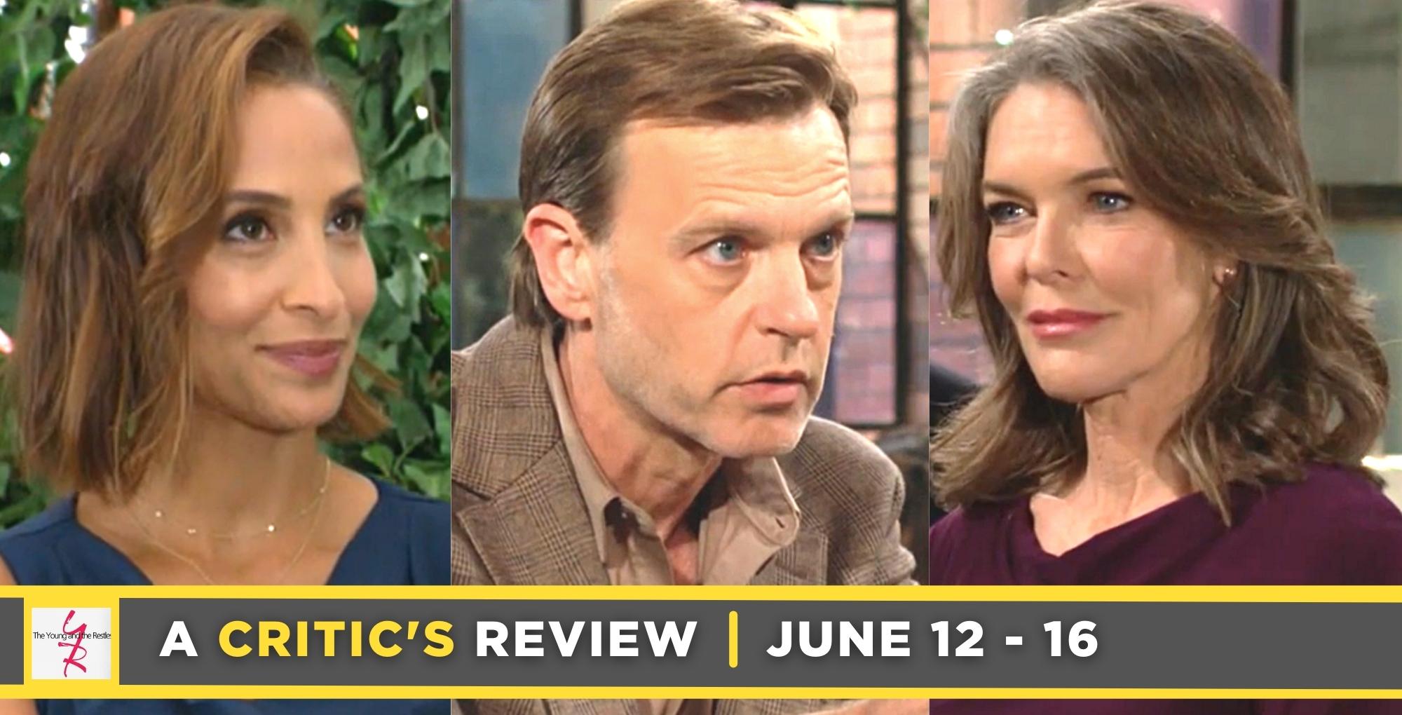 the young and the restless critic's review for june 12 – june 16, 2023, three images lily, tucker, and diane.