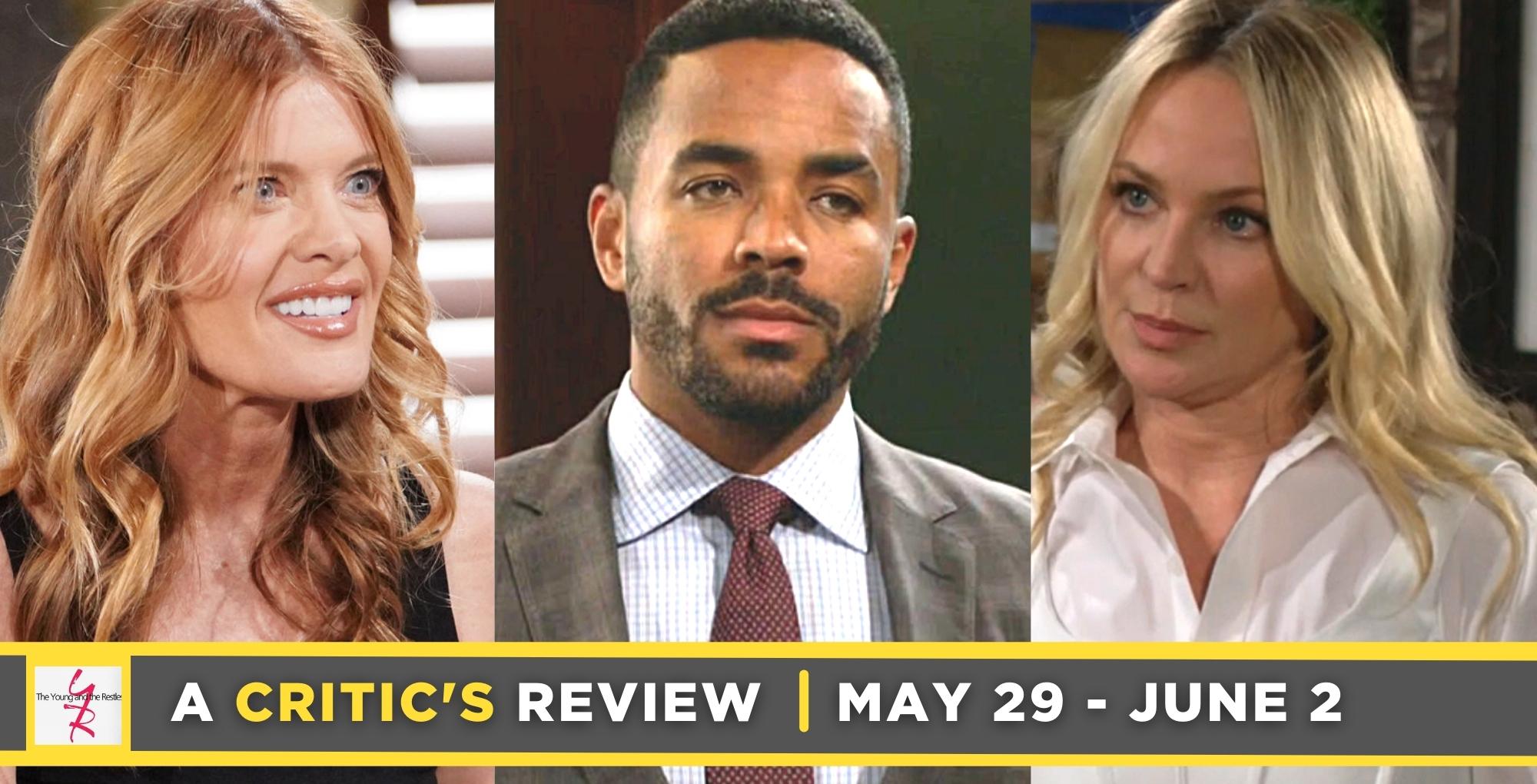 the young and the restless critic's review for may 29 – june 2, 2023. three images phyllis, nate, and sharon.