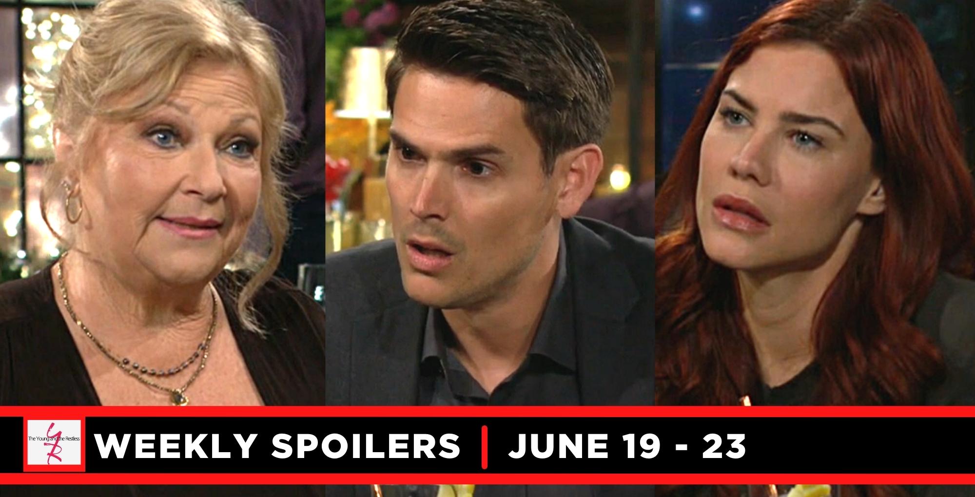 the young and the restless spoilers for june 19 – june 23, 2023, three images traci, adam, and sally.