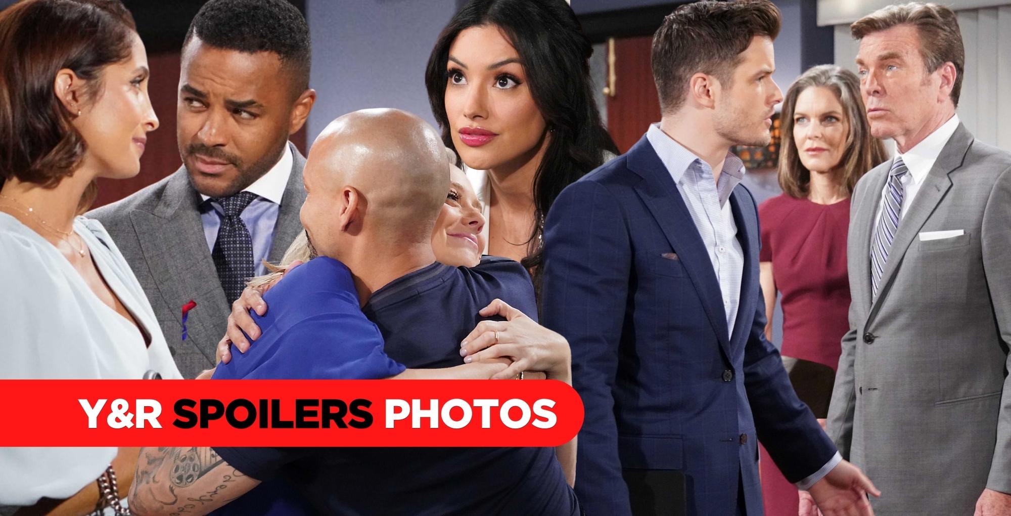 y&r spoilers photos collage of lily, nate, devon, abby, adura, kyle, jack, and diane.