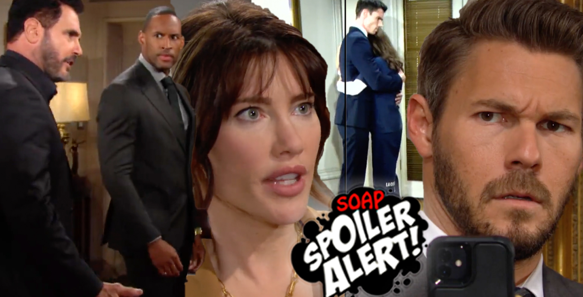 b&b spoilers video promo collage of bill, carter, steffy, finn hugging sheila, liam.