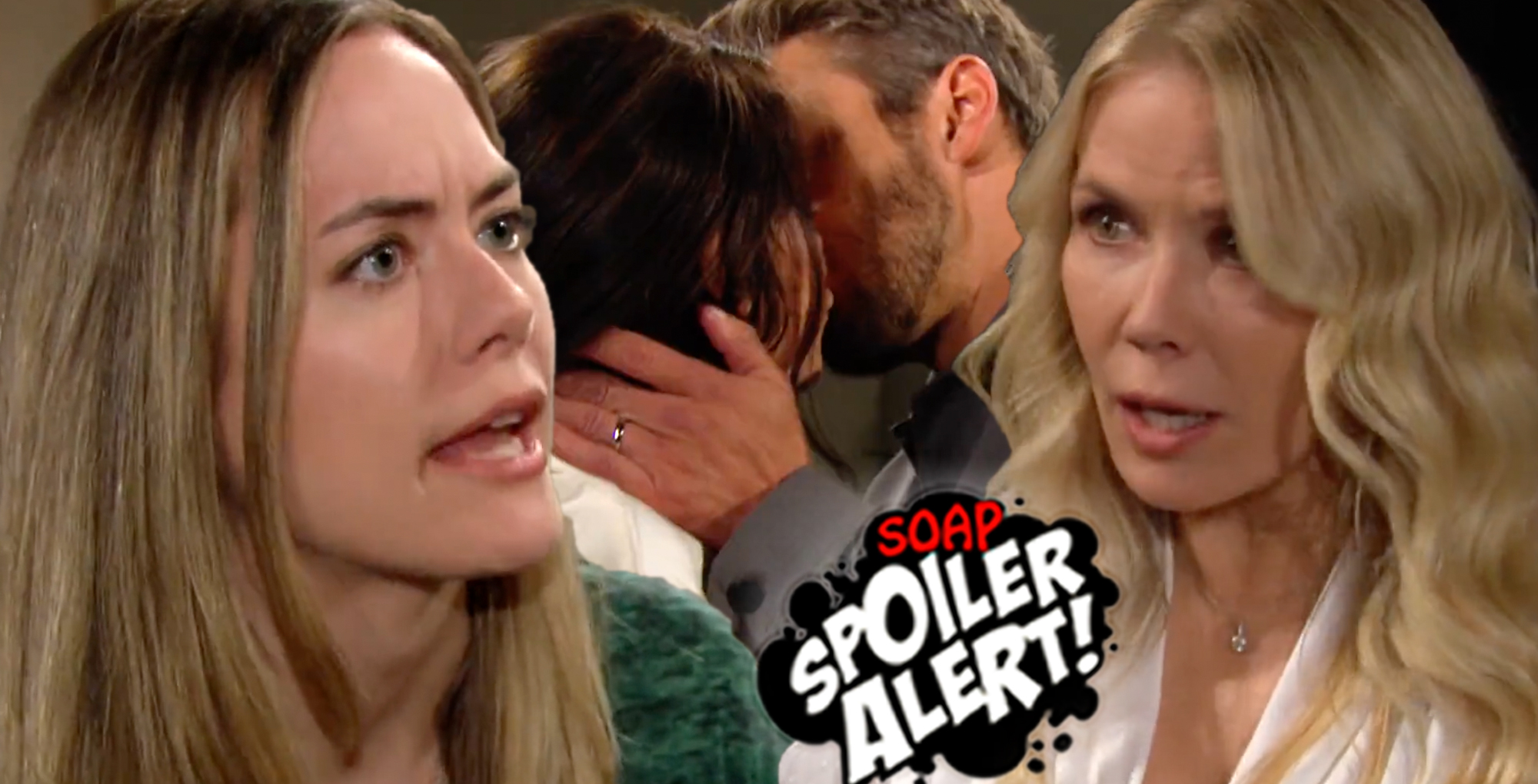 b&b spoilers video promo collage hope, steffy kissing liam, and brooke.