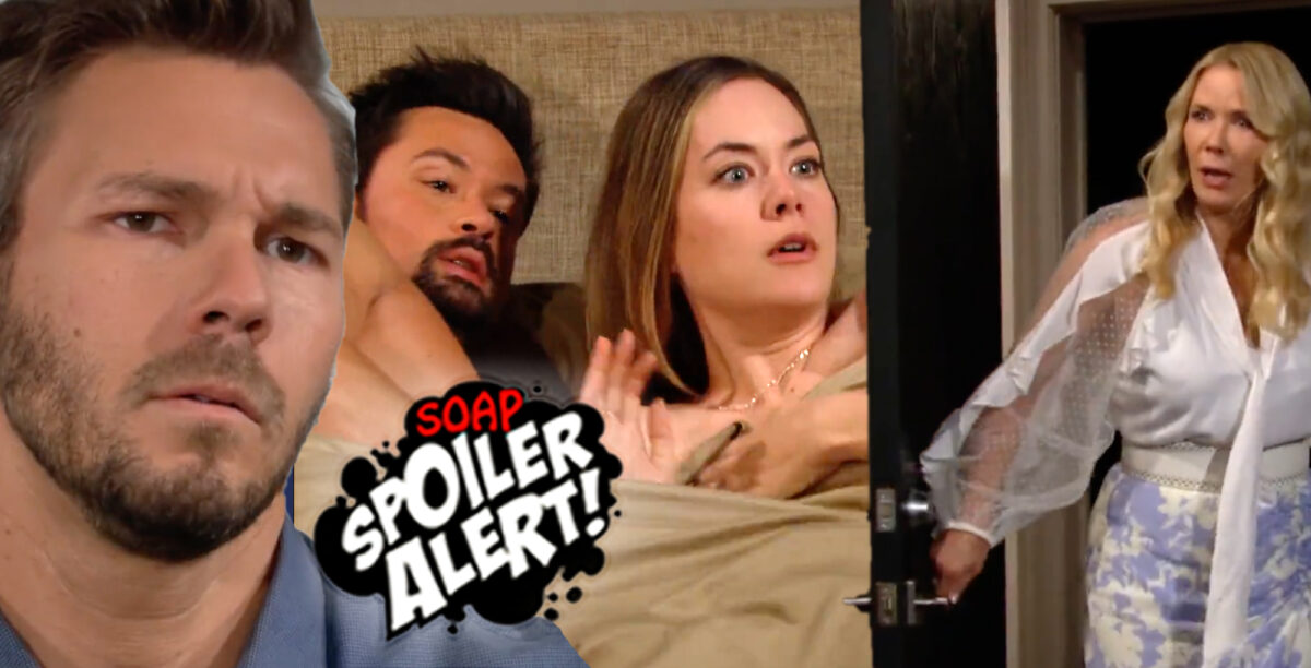 b&b spoilers video collage of liam, thomas and hope in bed, brooke bursts in.