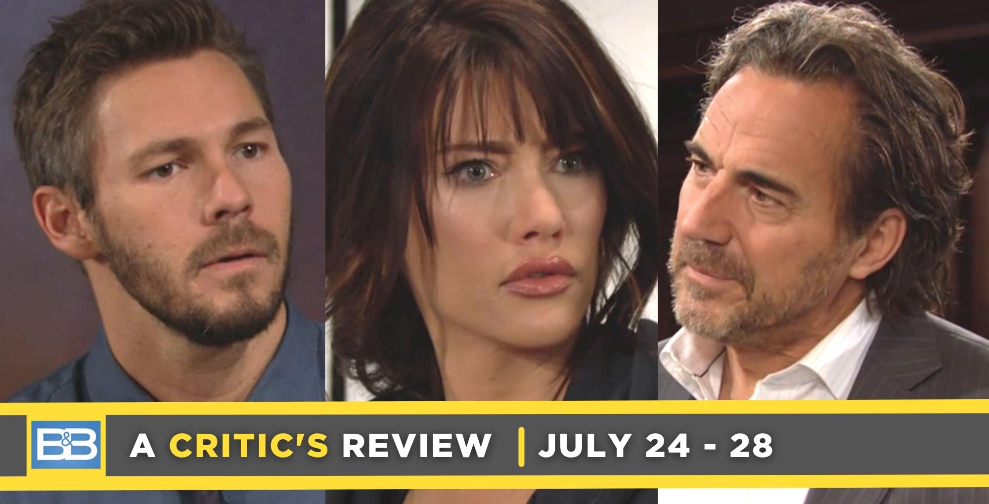 the bold and the beautiful critic's review for july 24 – july 28, 2023, three images, liam, steffy, and ridge.