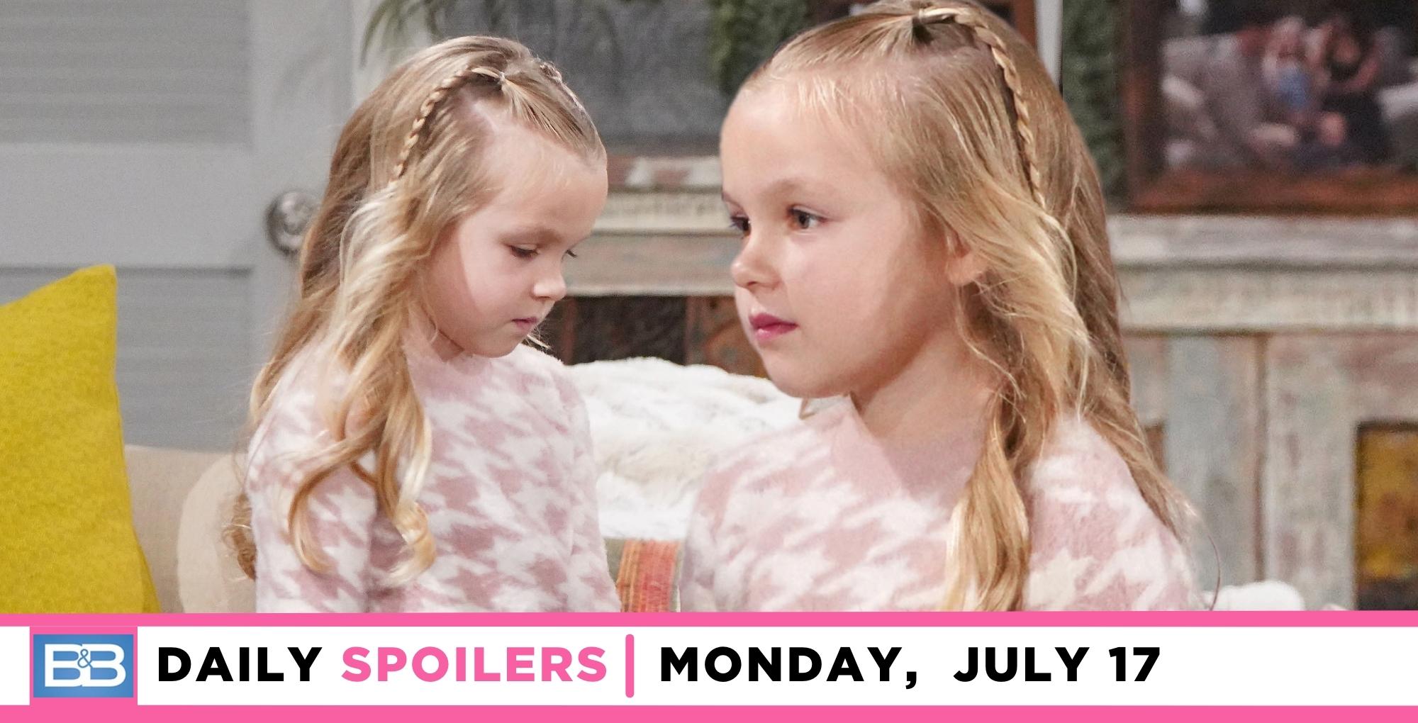 bold and the beautiful spoilers for july 17, 2023, have double image of kelly worried.