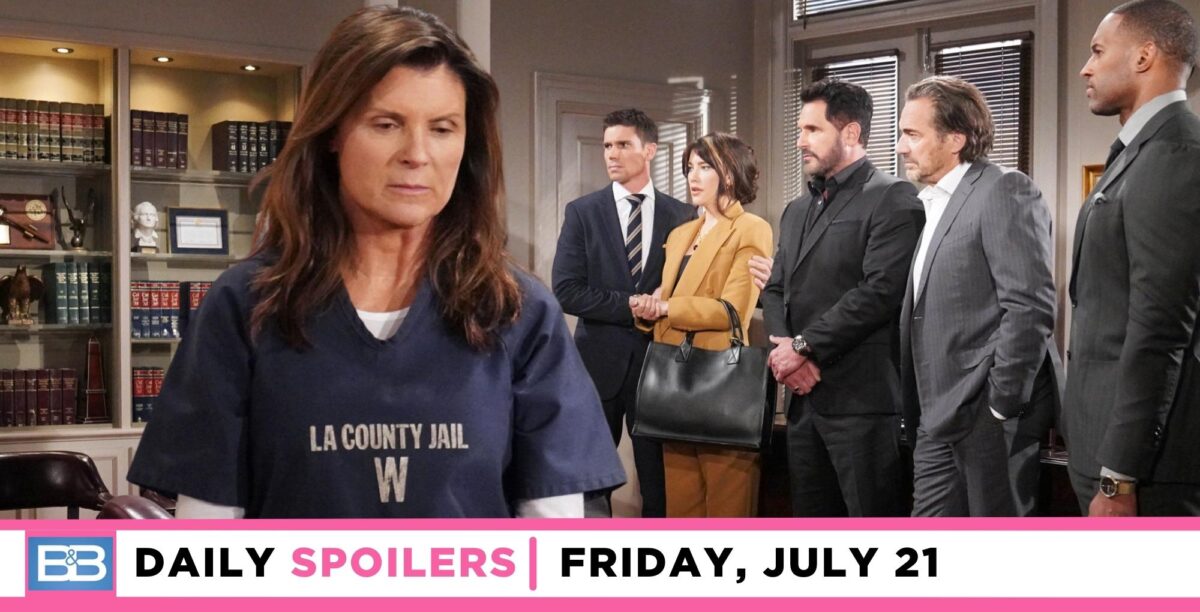 the bold and the beautiful spoilers for july 21, 2023, has sheila in court and others waiting to hear.