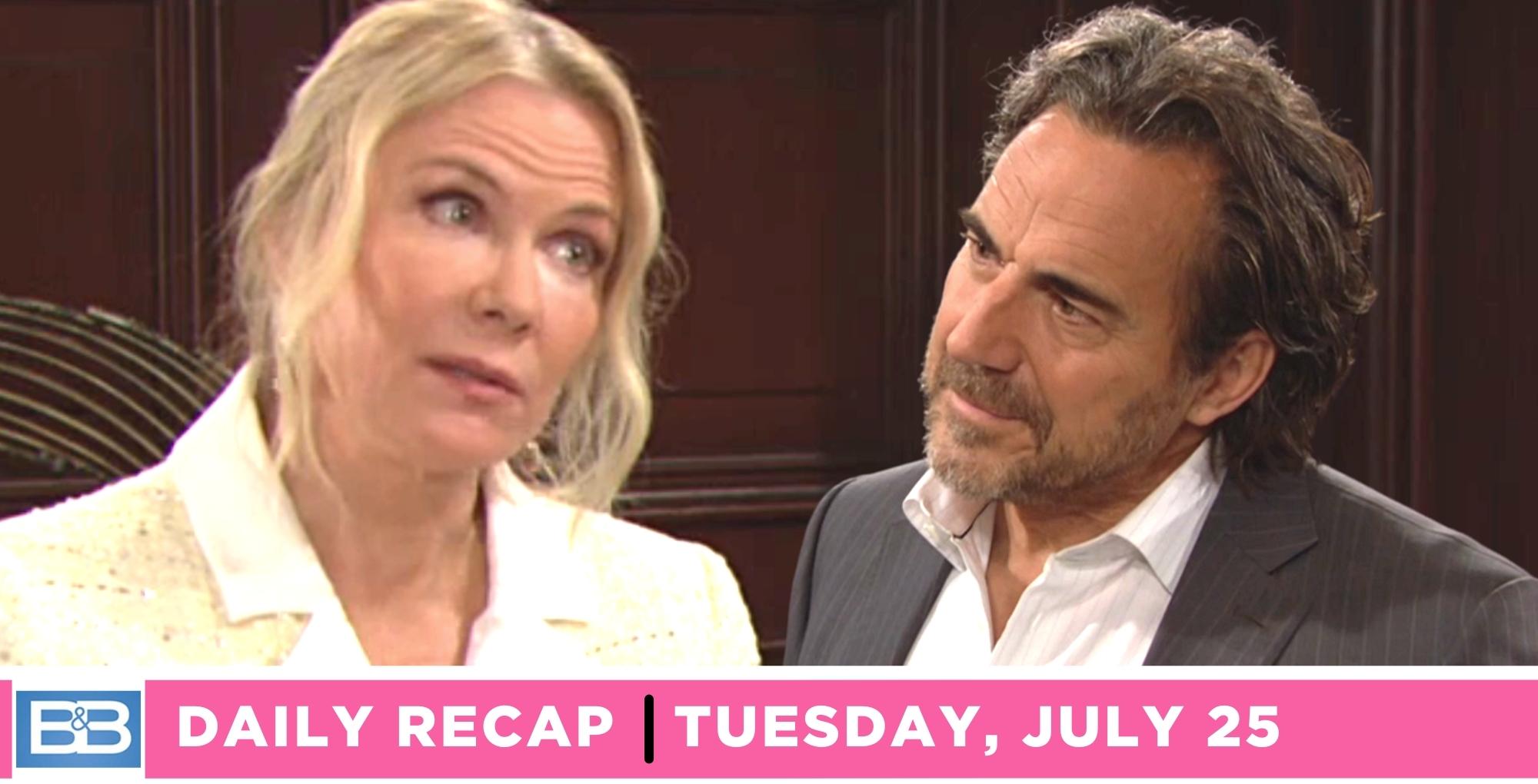 brooke logan told ridge forrester a secret on the bold and the beautiful recap for tuesday, July 25, 2023.