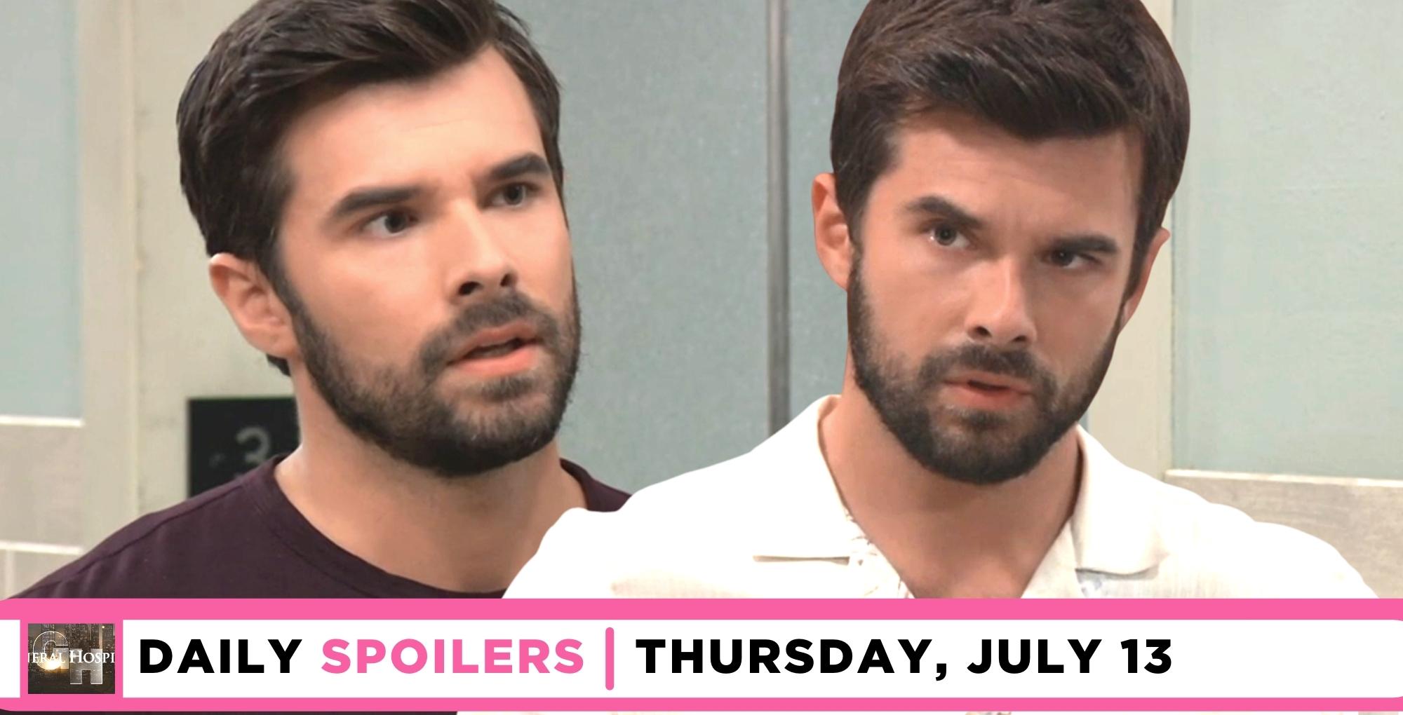 general hospital spoilers for july 13, 2023, has two images of chase making a big arrest.