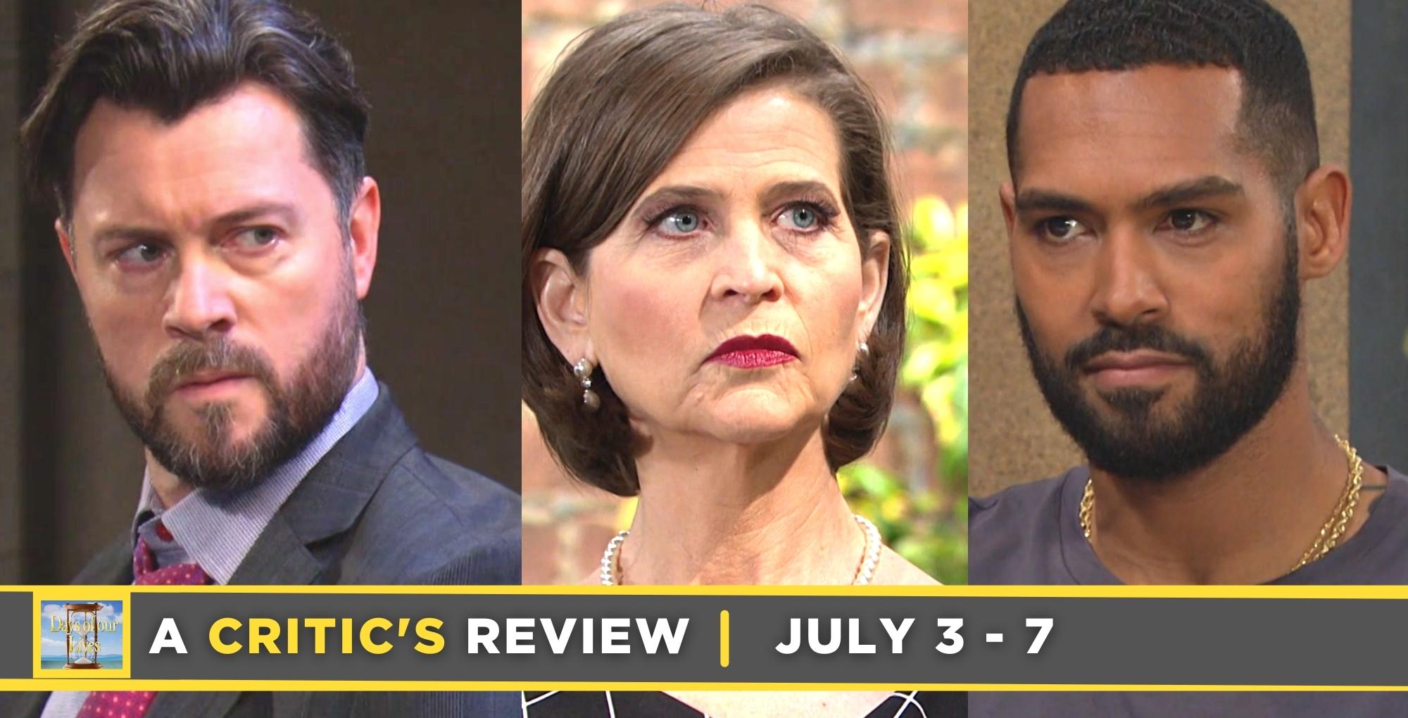 days of our lives critic's review for july 3 – june 7, 2023, three images ej, megan, and eli.