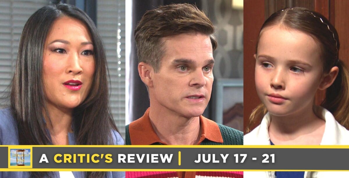 days of our lives critic's review for july 17 – july 21, 2023, three images melinda, leo, and rachel.