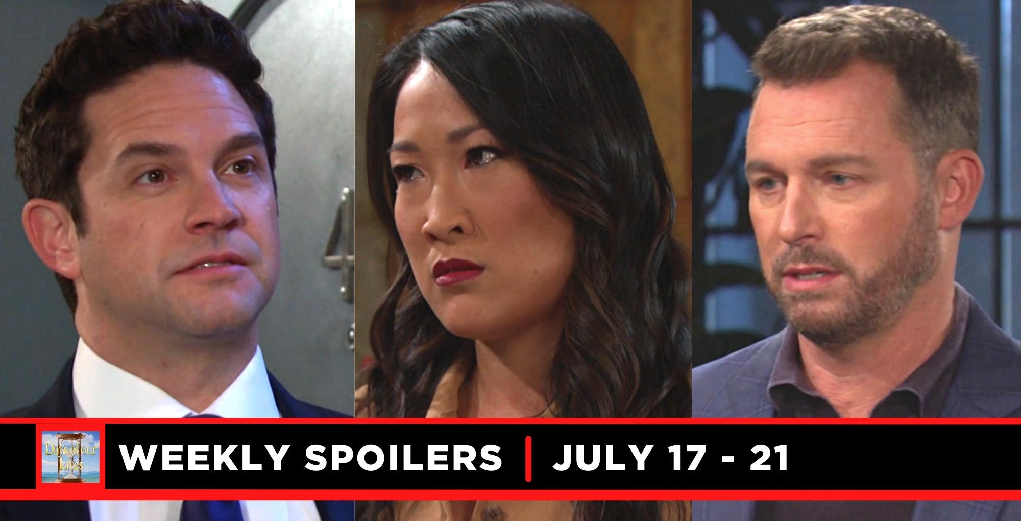 days of our lives spoilers for the week of july 17-21, 2023, three images, stefan, melinda, brady.