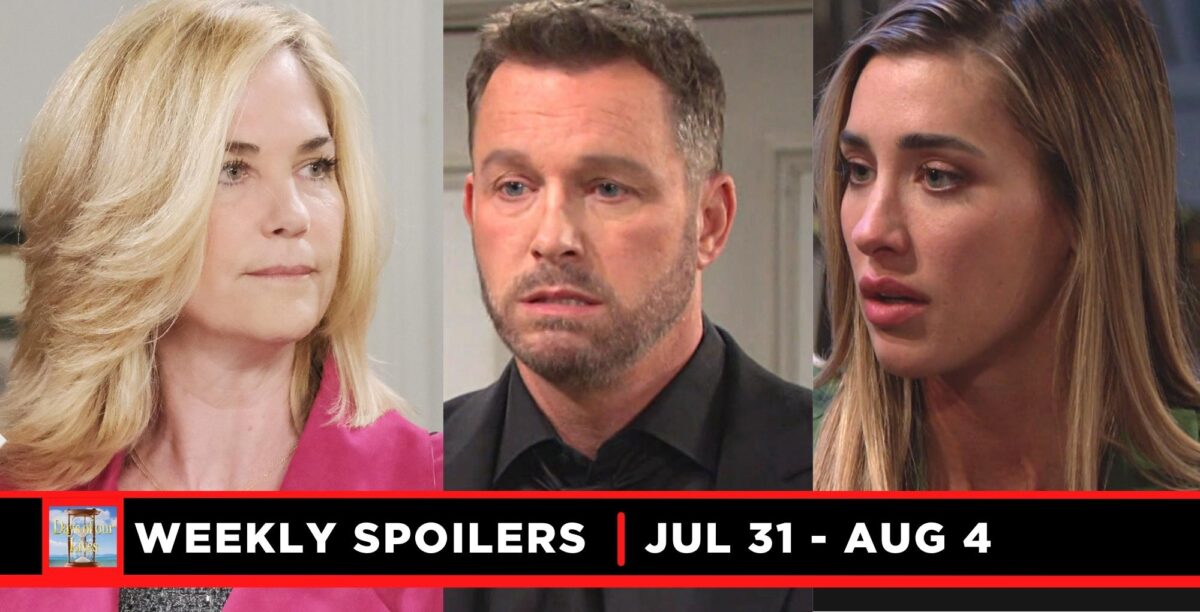 days of our lives spoilers for july 31 – august 4, 2023, three images eve, brady, and sloan.