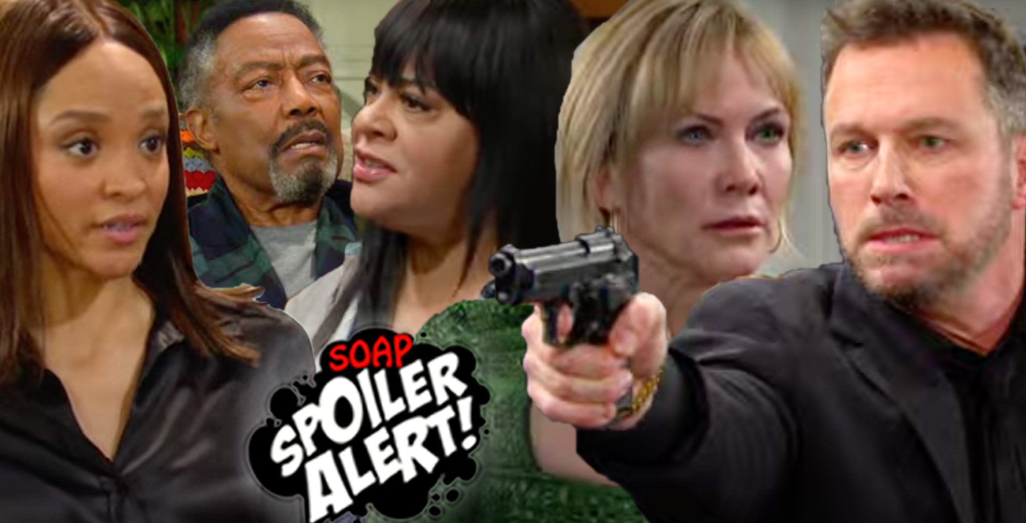 days spoilers video promo collage of lani, abe, whitley, kristen, brady with a gun.