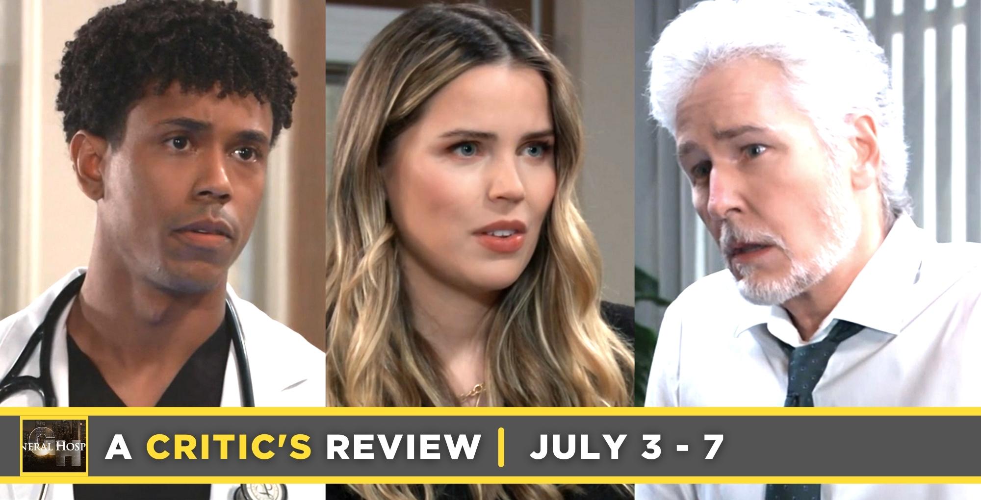general hospital critic's review for july 3 – june 7, 2023, three images tj, sasha, and martin.