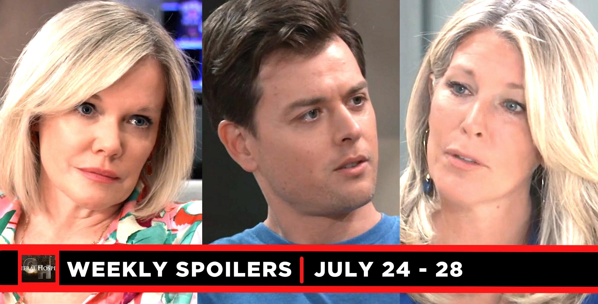 general hospital spoilers for july 24 – july 28, 2023, three images ava, michael, and carly.