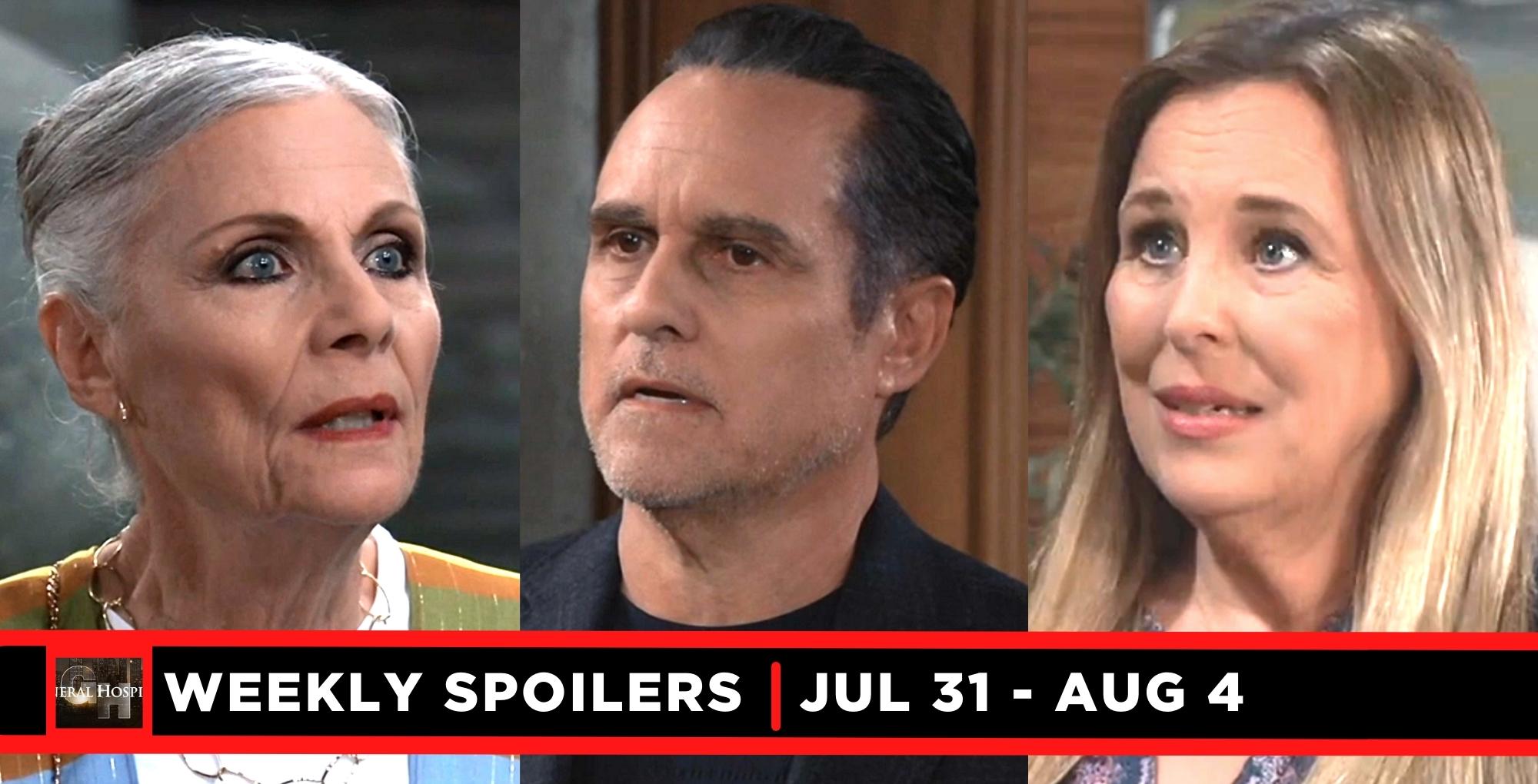 general hospital spoilers for july 31 – august 4, 2023, three images tracy, sonny, and laura.