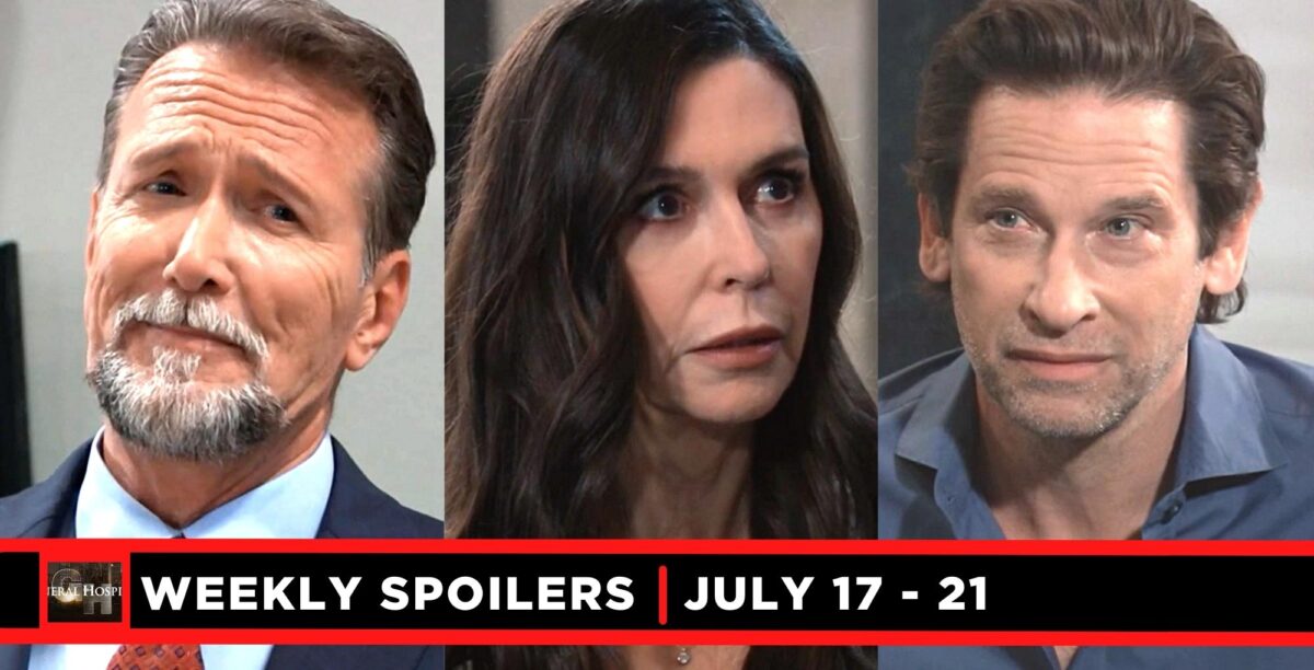 general hospital spoilers for the week of july 17-21, 2023, three images, jackson, anna, and austin.