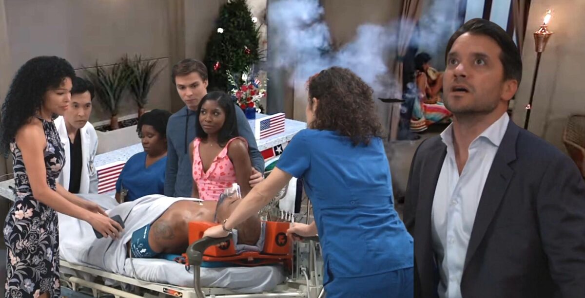 curtis's loved ones look at him on the general hospital gurney while dante looks up at the shooter.