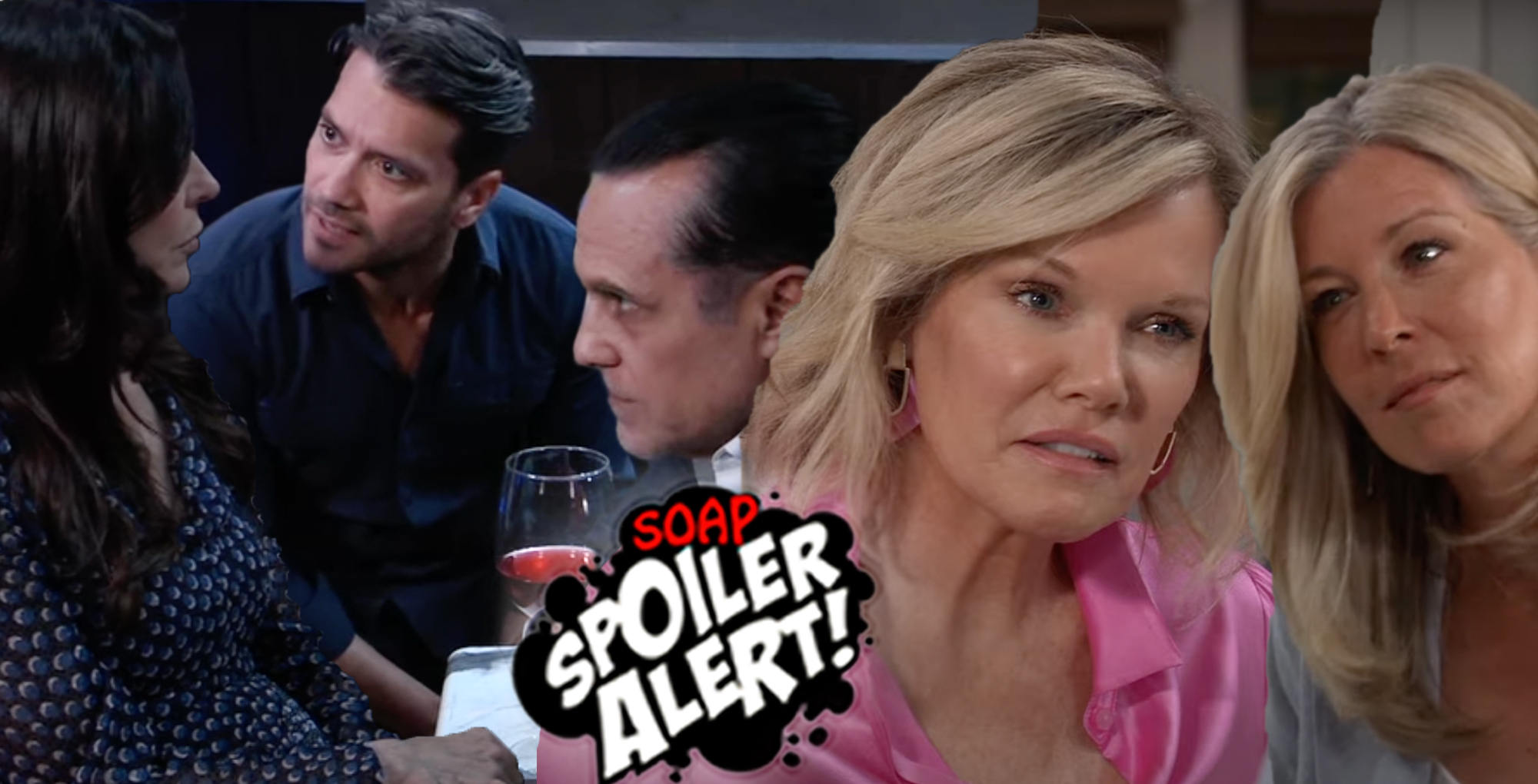 gh spoilers video preview collage of anna, dante, sonny, ava, carly.