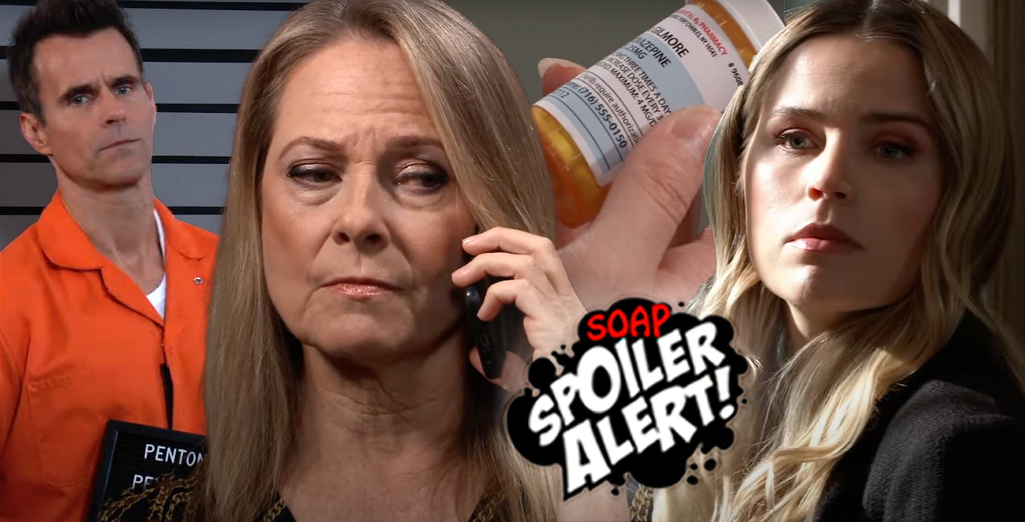 gh spoilers video promo collage, drew in jail, gladys, pills, and sasha.