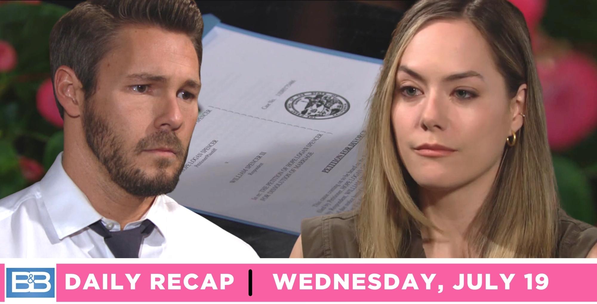 the bold and the beautiful recap for wednesday, july 19, 2023, two images liam and hope overlaying an image of divorce papers.