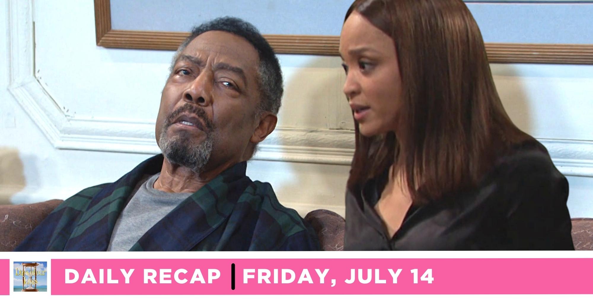 days of our lives recap for friday, july 14, 2023, two images abe and lani.
