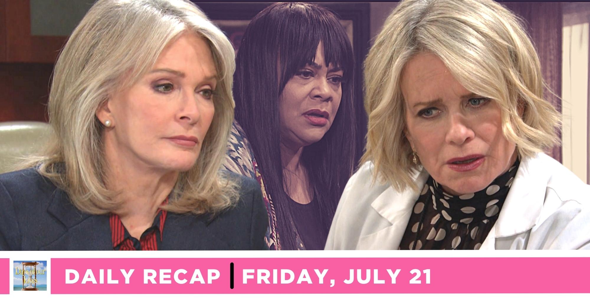 marlena evans black and kayla johnson uncover whitley's history on the days of our lives recap for friday, July 21, 2023.