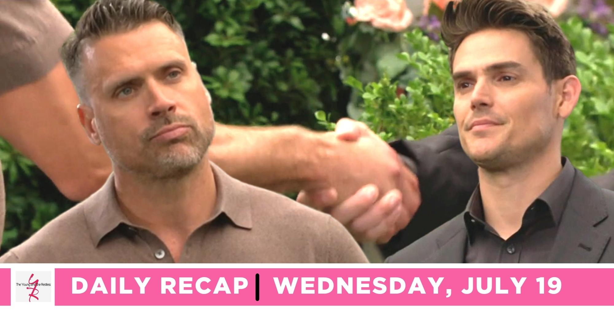 the young and the restless recap for july 19, 2023, has nick and adam talking and shaking hands in background.