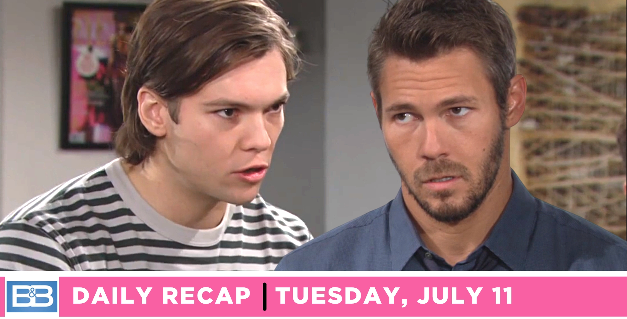 the bold and the beautiful recap for tuesday, july 11, 2023, two images rj and liam,