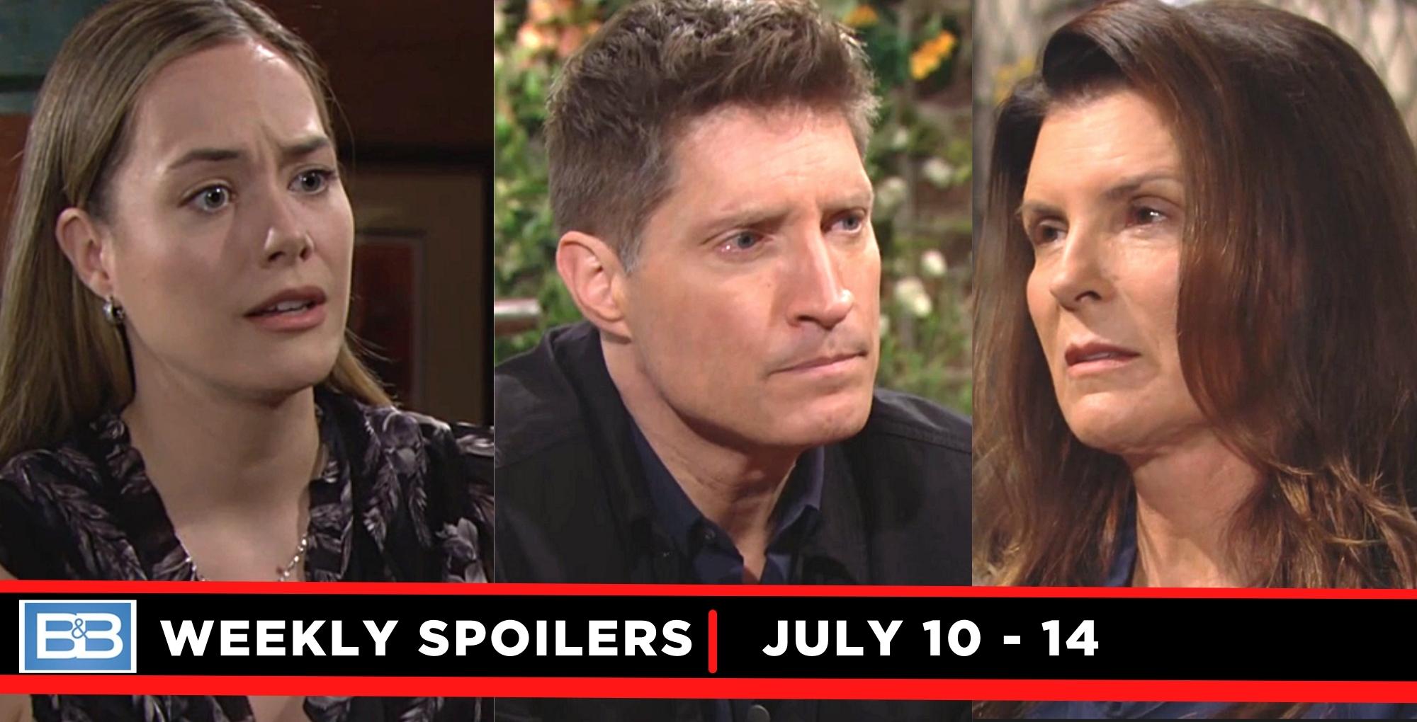 bold and the beautiful spoilers for July 10 - 14, 2023, three images: hope, deacon, sheila.