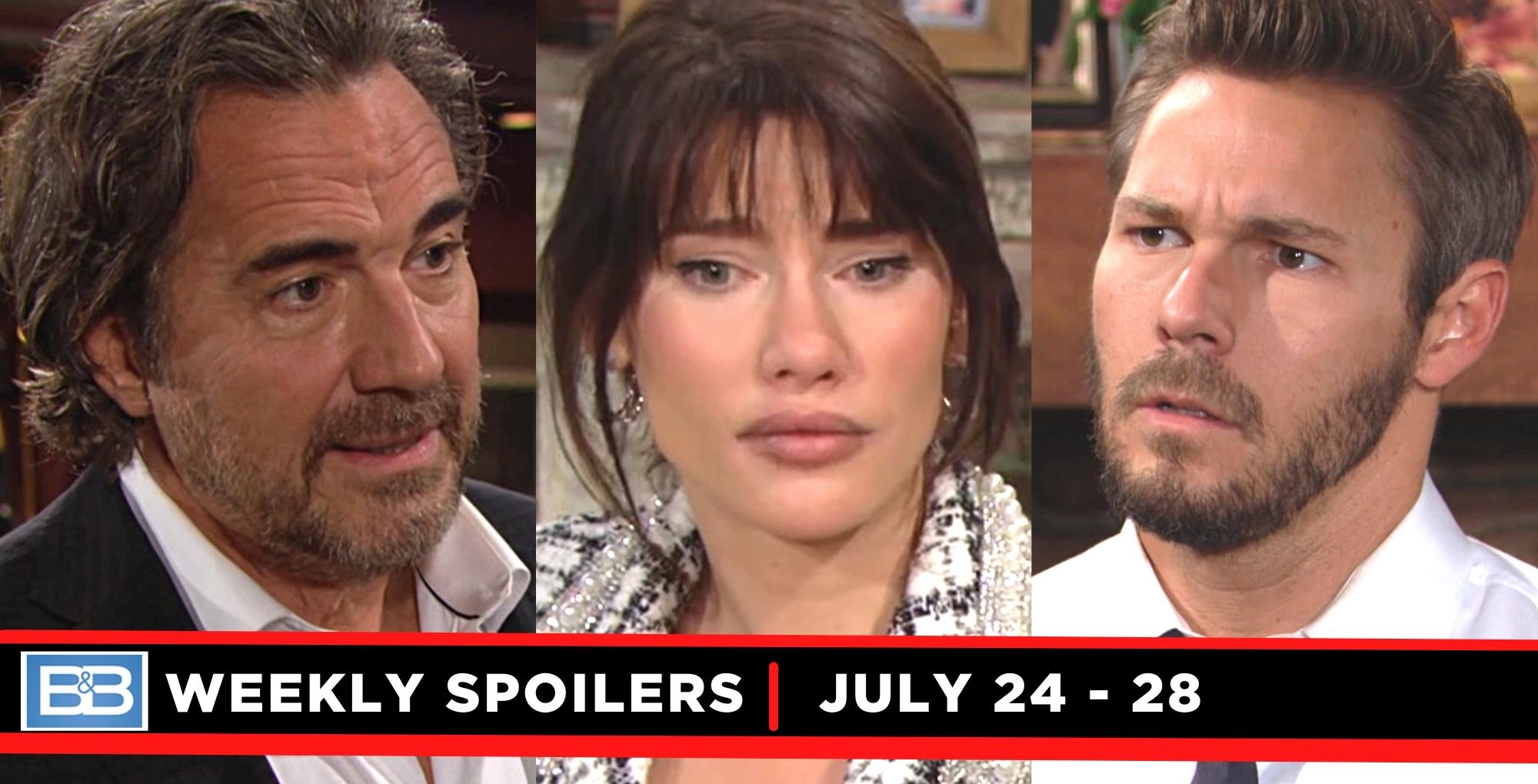 the bold and the beautiful spoilers for july 24 – july 28, 2023, three images ridge, steffy, and liam.