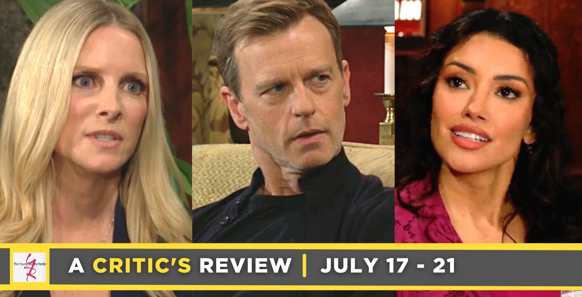 the young and the restless critic's review for july 17 – july 21, 2023, three images christine, tucker, audra.