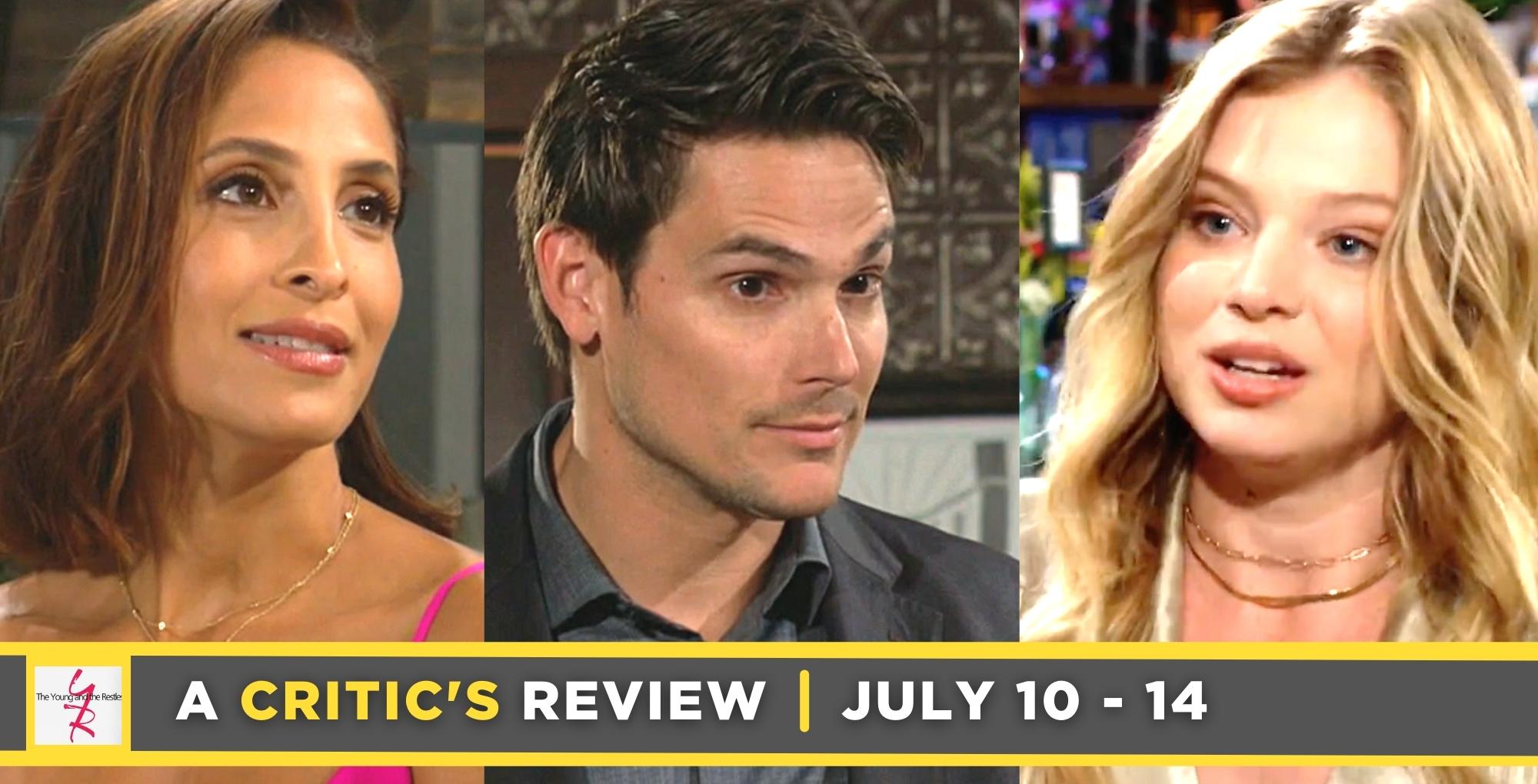 the young and the restless critic's review for july 10 – july 14, 2023, three images lily, adam, and summer.