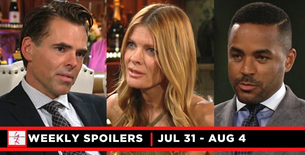 the young and the restless spoilers for july 31 – august 4, 2023, three images billy, phyllis, and nate.