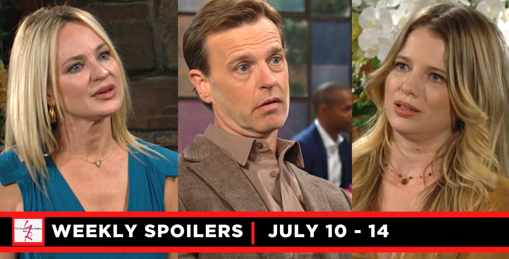 the young and the restless spoilers for july 10 – july 14, 2023, three images sharon, tucker, and summer.