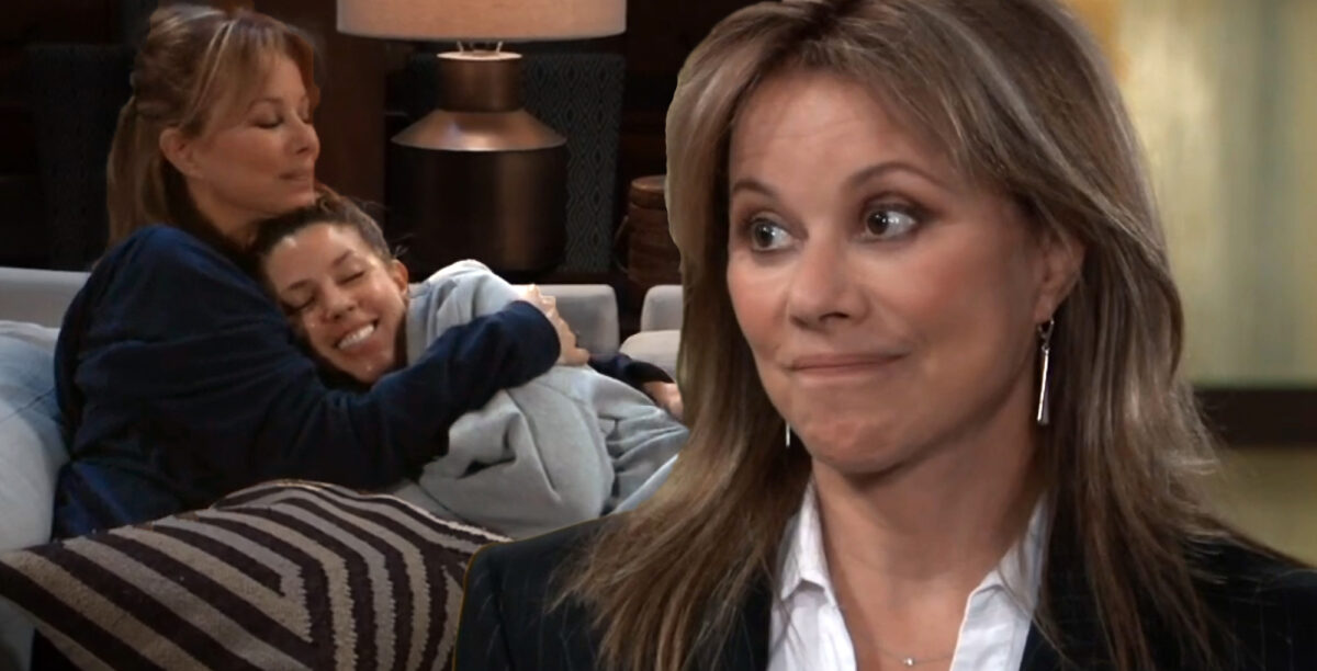 alexis davis holding daughter kristina on a couch and alexis on general hospital.