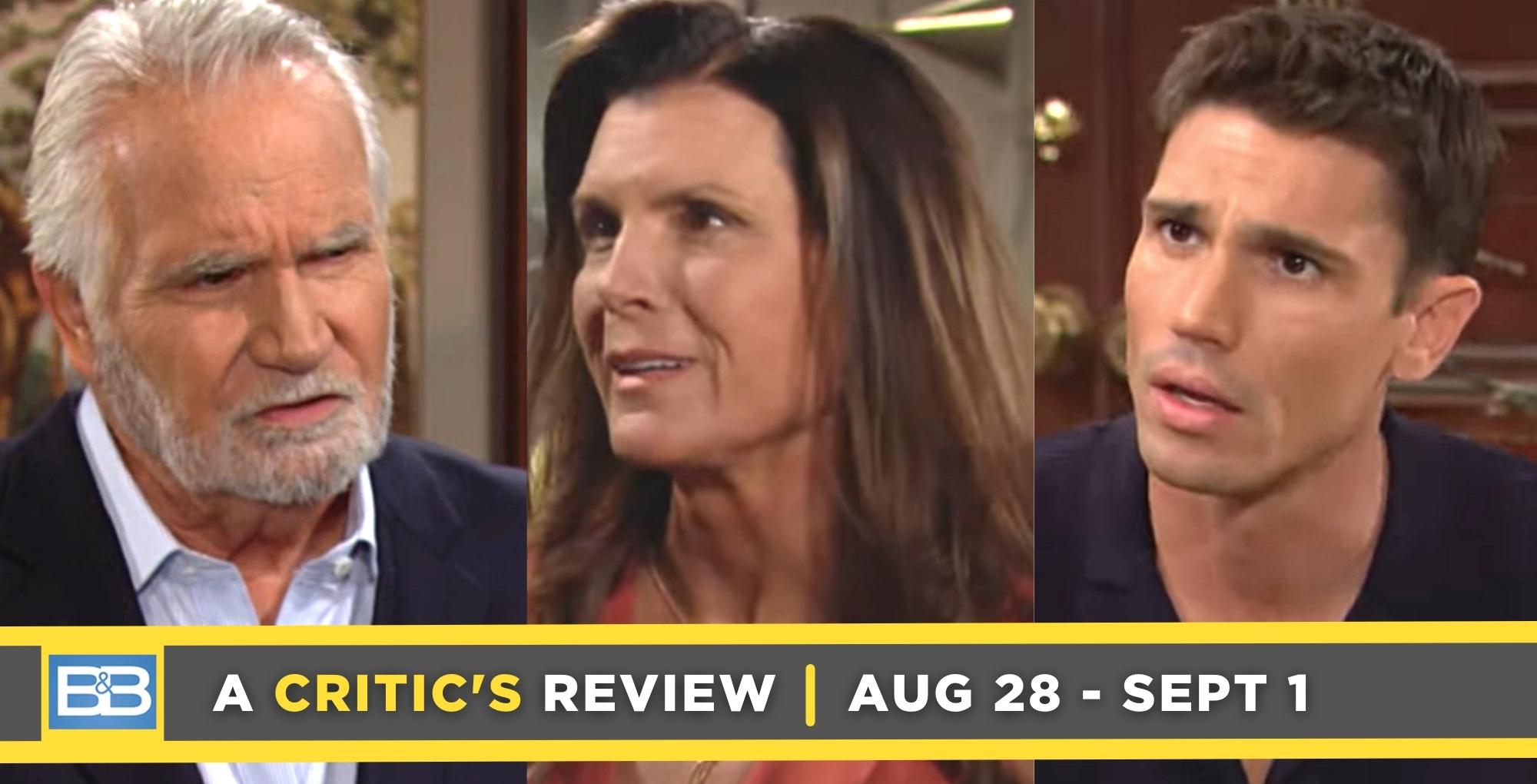 the bold and the beautiful critic's review for august 28 – september 1, 2023, three images, eric, sheila, and finn.