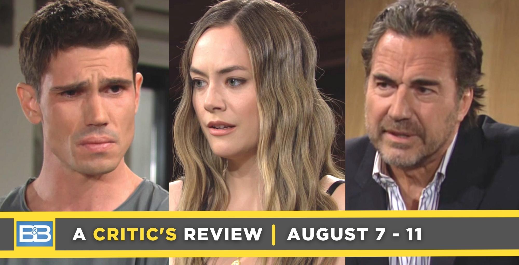 the bold and the beautiful critic's review for august 7 – august 11, 2023, three images, finn, hope, and ridge.