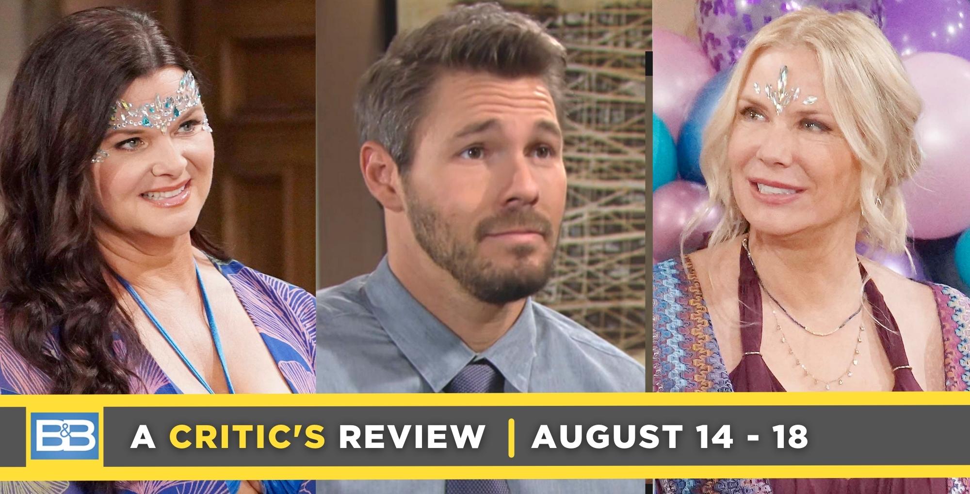 the bold and the beautiful critic's review for august 14 – august 18, 2023, three images, katie, liam, and brooke.
