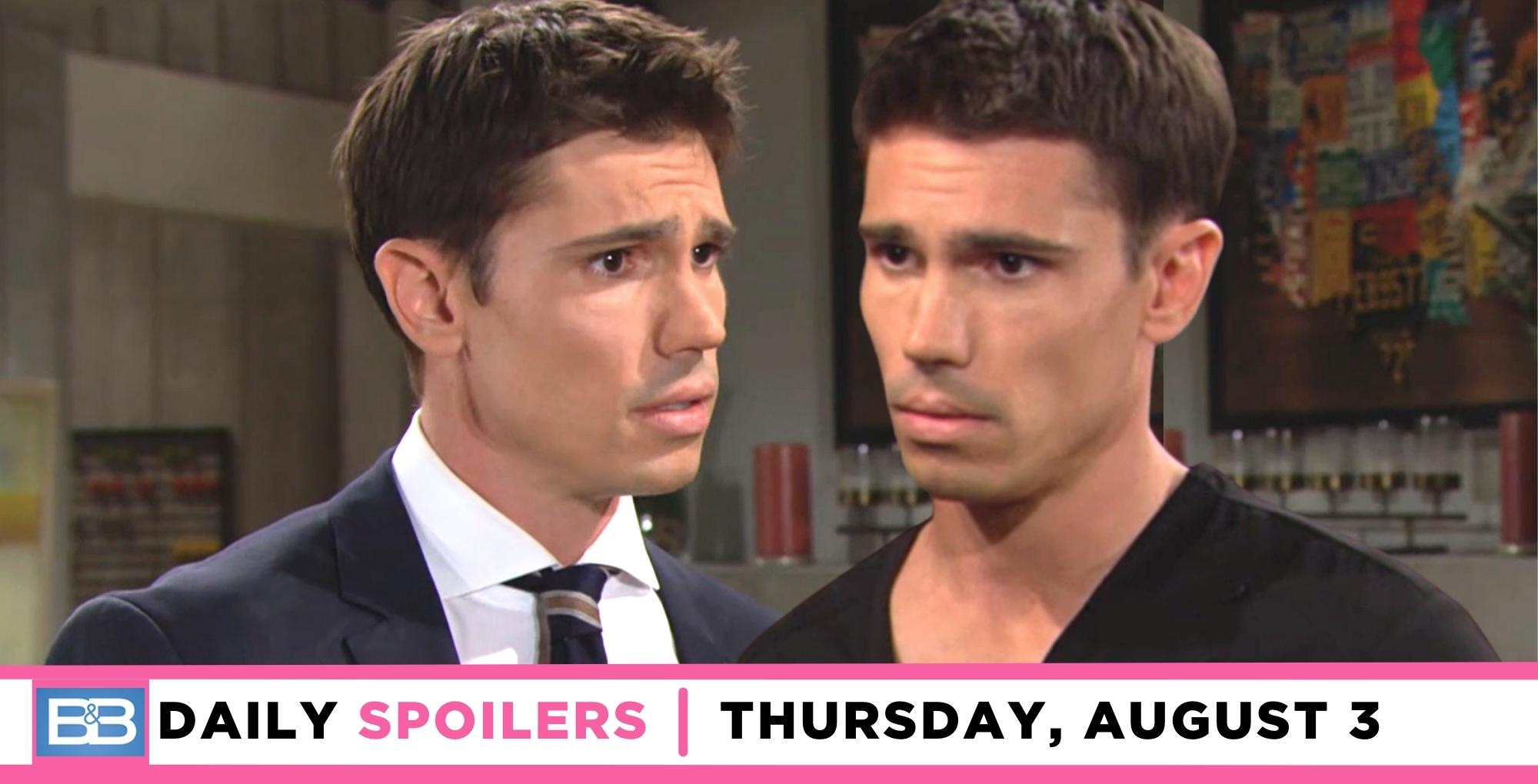 the bold and the beautiful spoilers for august 3, 2023, have two images of finn.