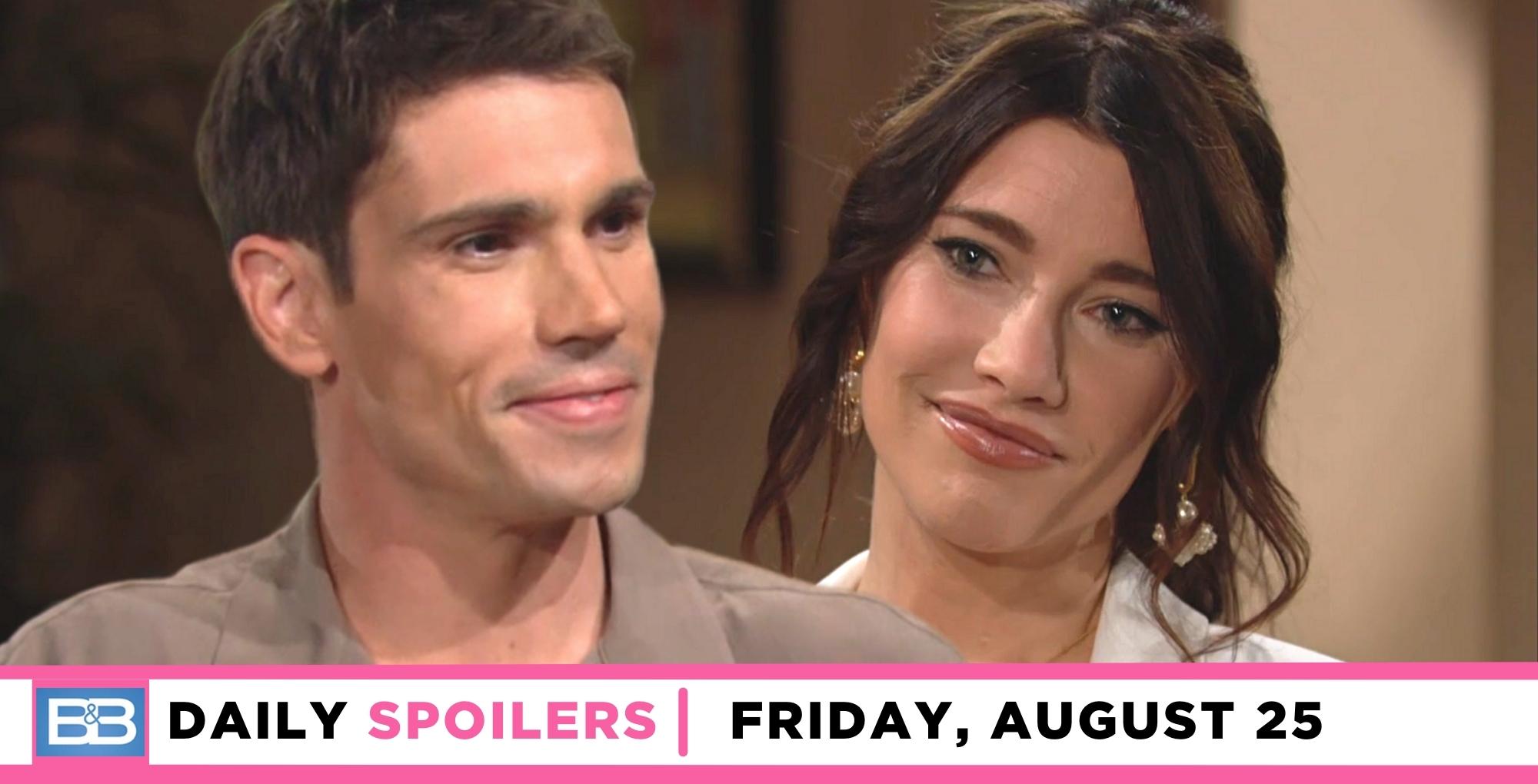 the bold and the beautiful spoilers for august 25, 2023, show finn and steffy looking lovingly at each other.