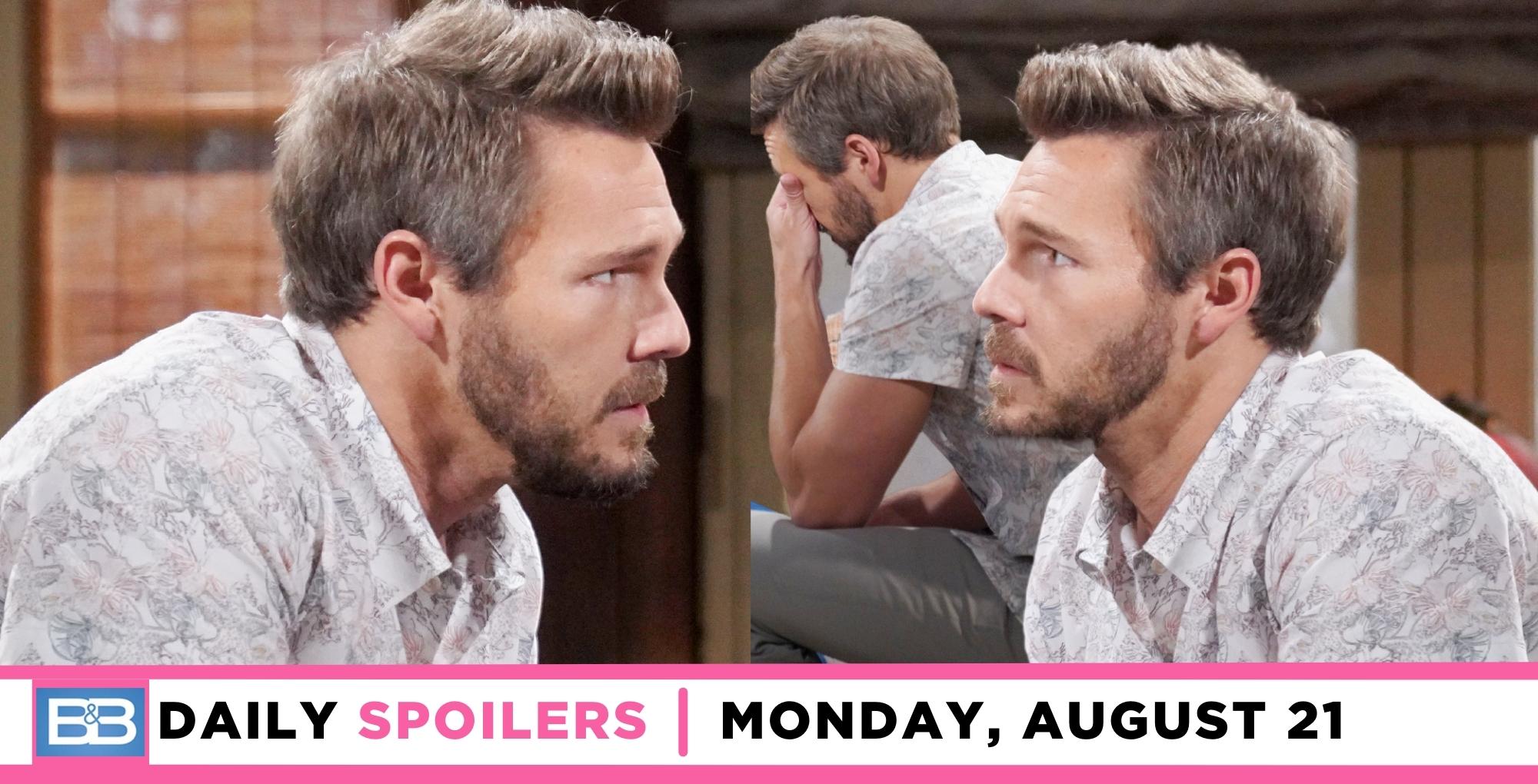 the bold and the beautiful spoilers for august 21, 2023, have three images of liam spencer.