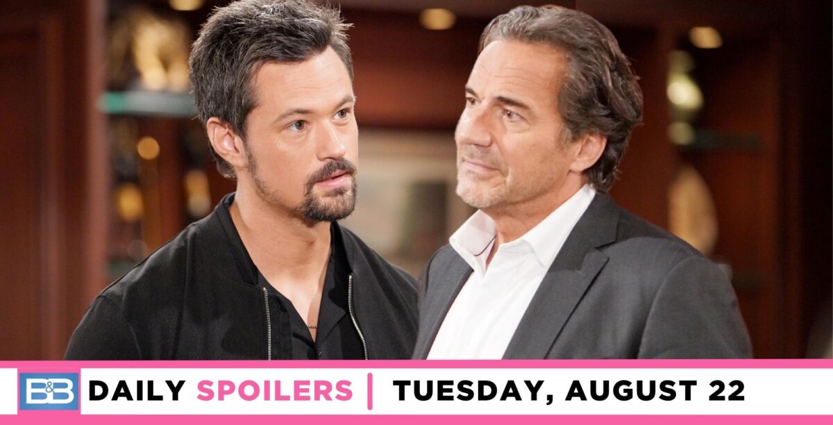 the bold and the beautiful spoilers for august 22, 2023, has thomas and ridge talking.