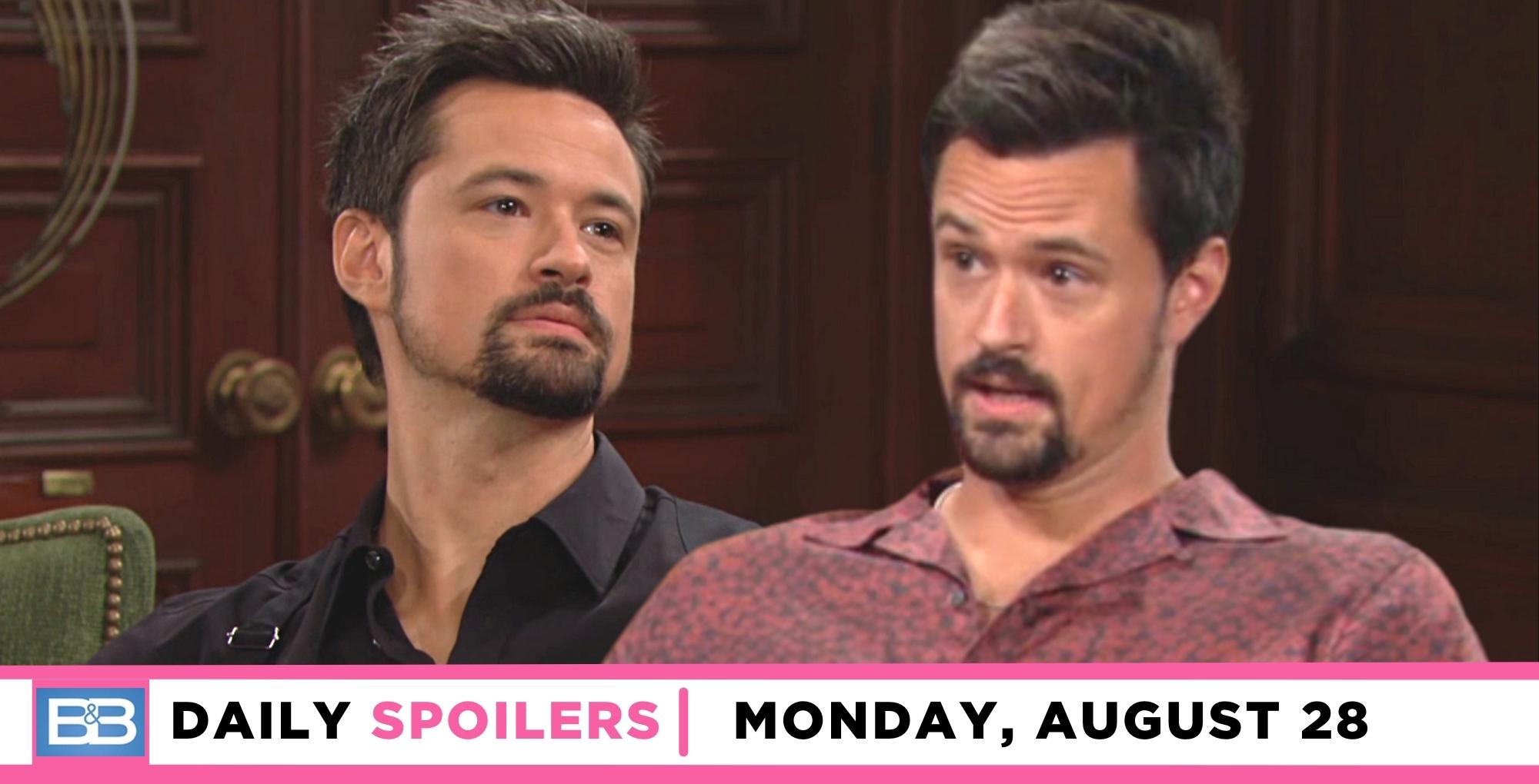 the bold and the beautiful spoilers for august 28, 2023 have two images of thomas forrester.