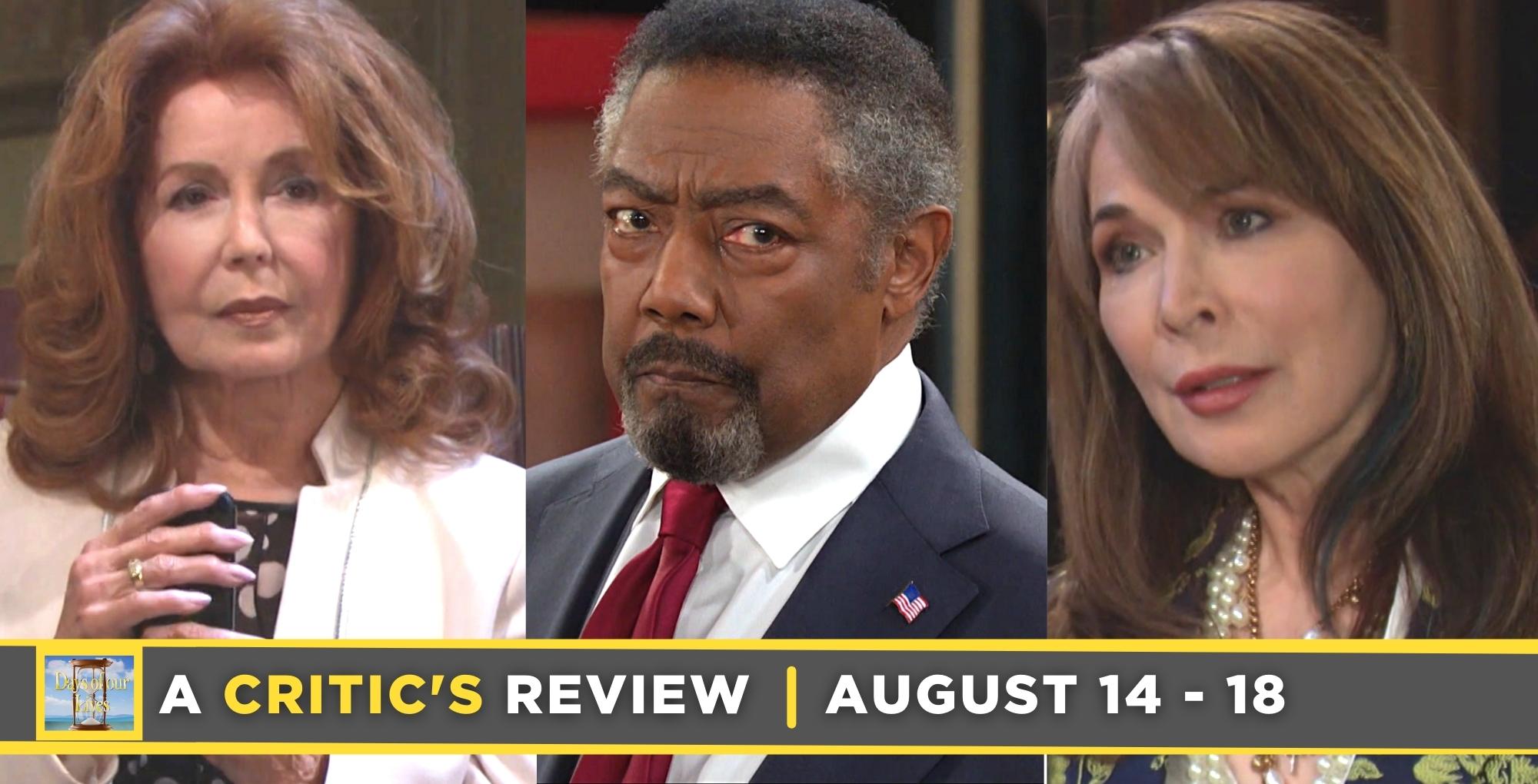 days of our lives critic's review for august 14 – august 18, 2023, three images, maggie, abe, and kate.